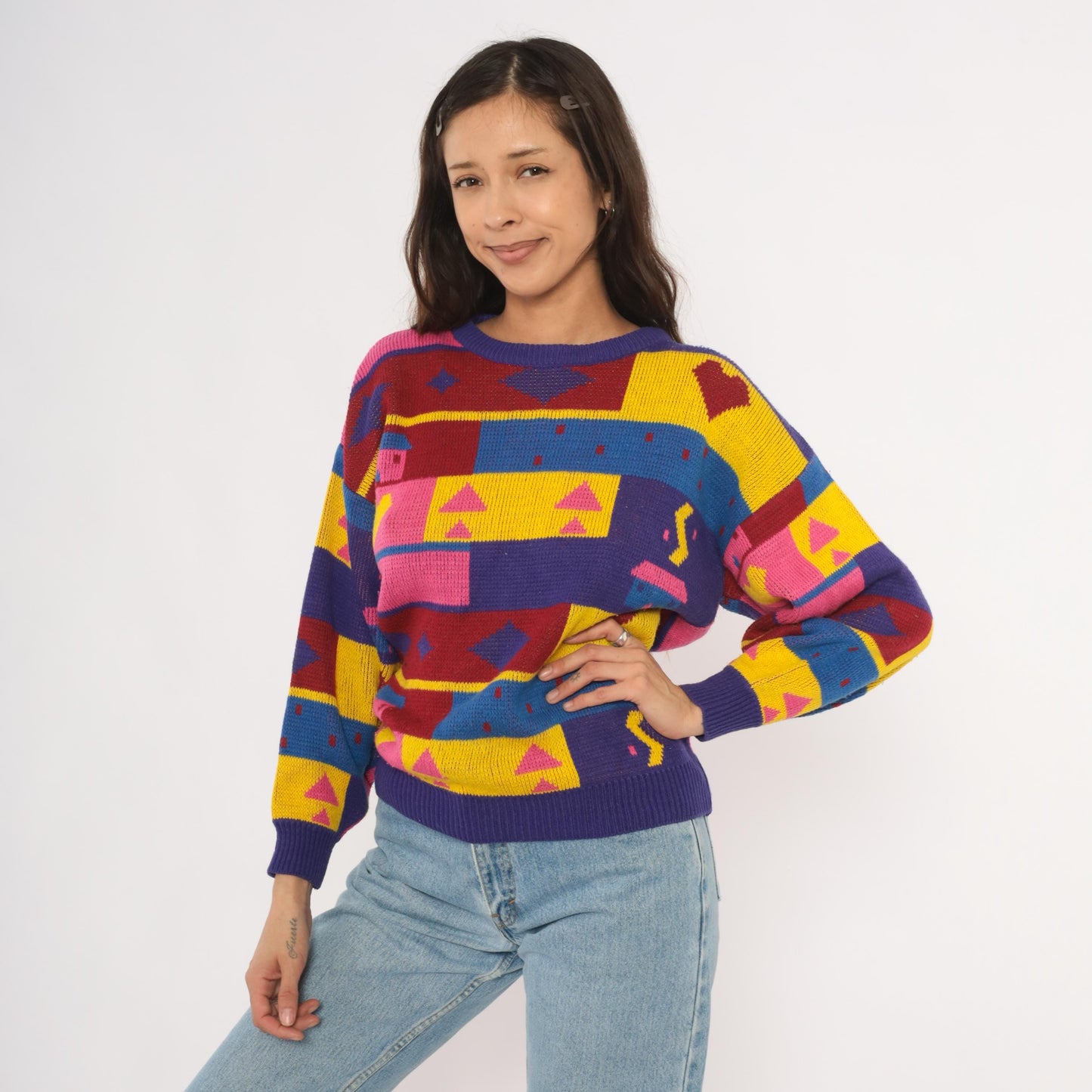 90s Chateau Geometric Colorblock Knit Sweater Purple Pink Yellow Small S
