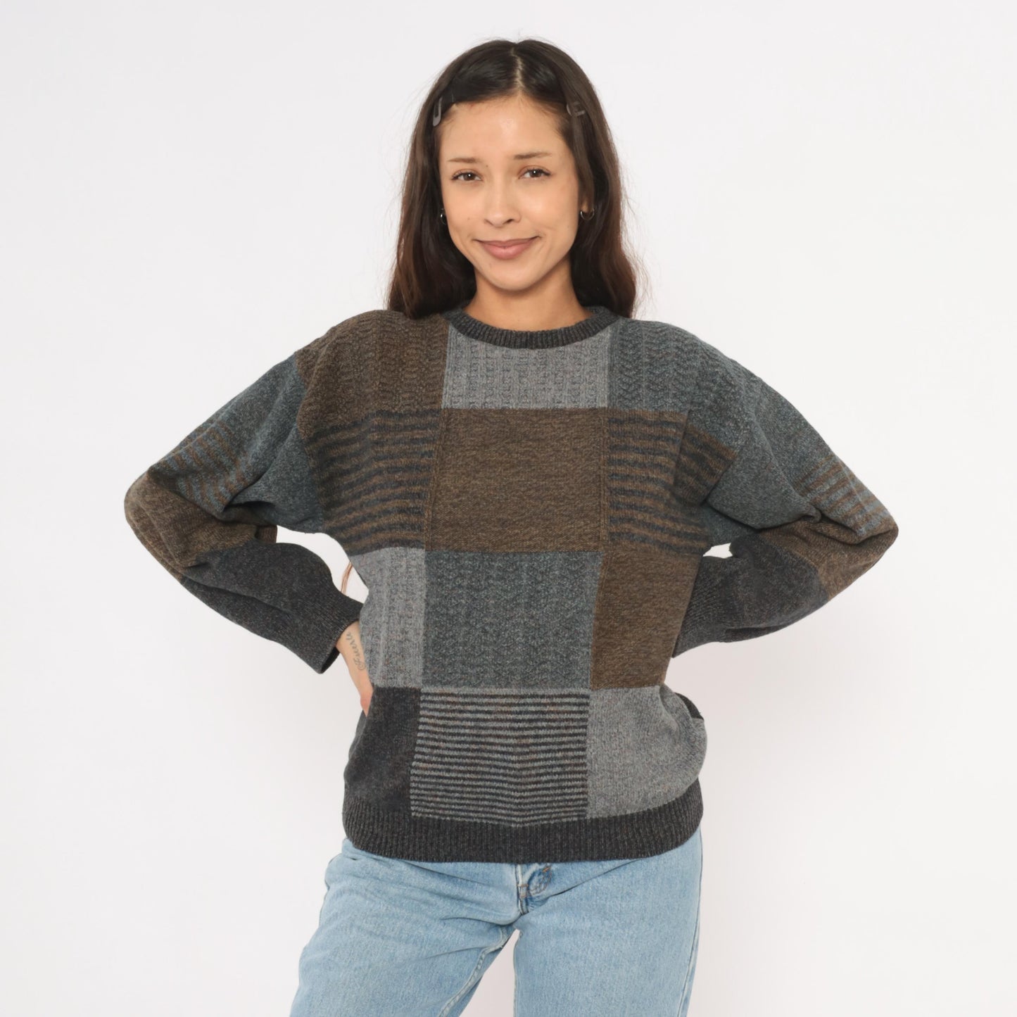 90s Bill Blass Patchwork Knit Sweater Brown Charcoal Colorblock Medium M
