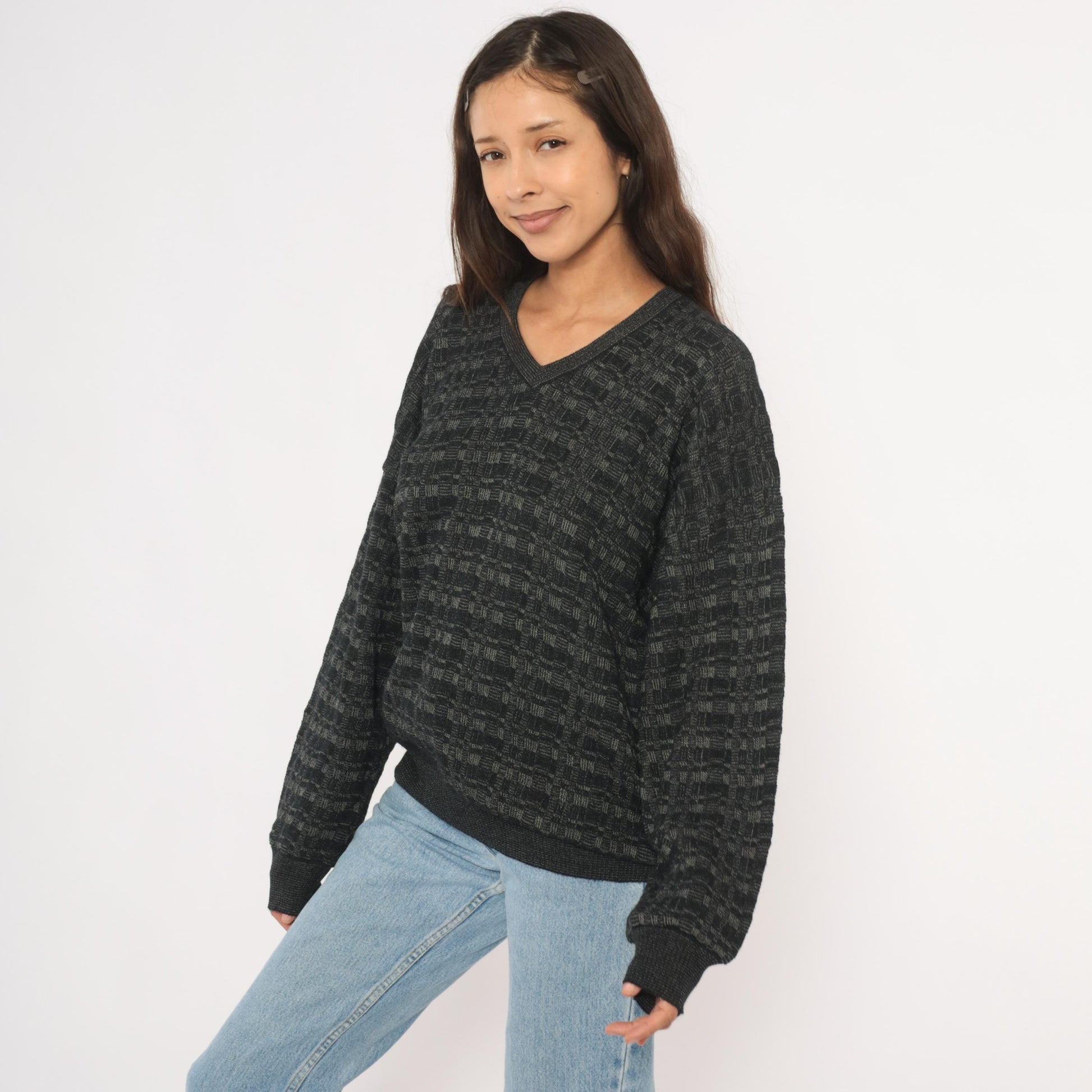 90s Tricots St Raphael Charcoal V-Neck Wool Sweater Checkerboard Knit Extra Large XL