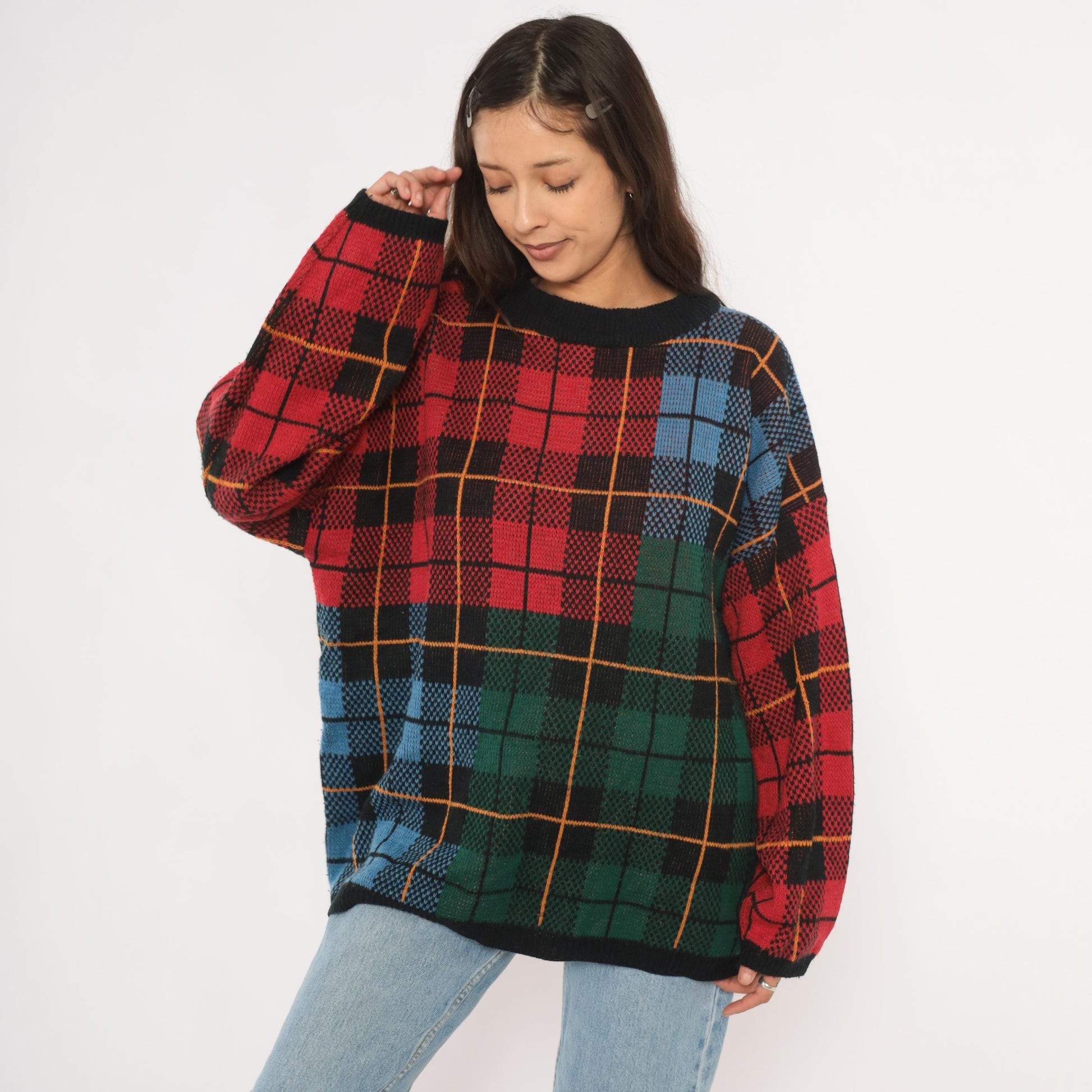 90s Venezia Plaid Knit Pullover Tartan Crewneck Multicolor Extra Large