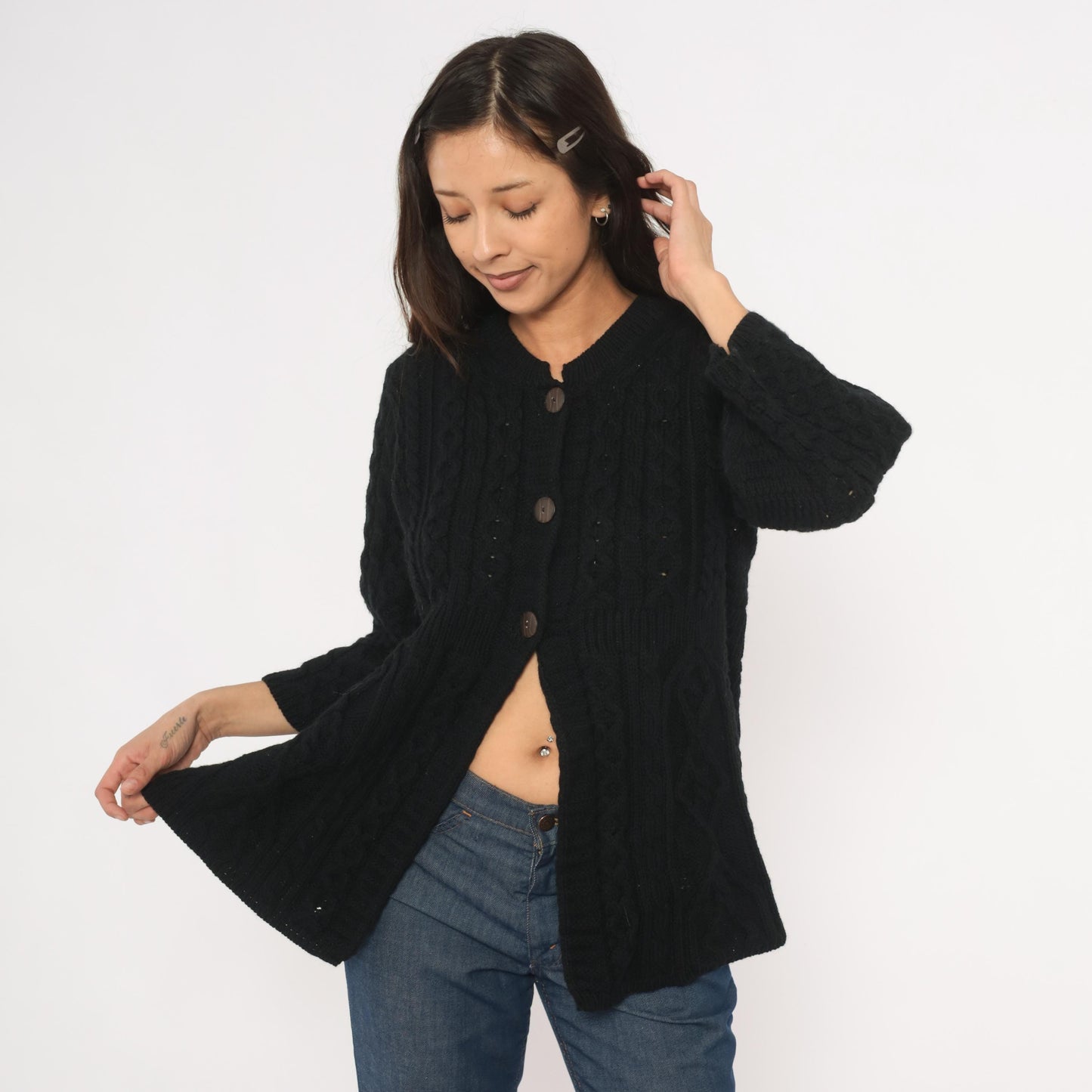90s Kilronan Knitwear Black Cable Knit Cardigan Wool Crew Neck Medium M