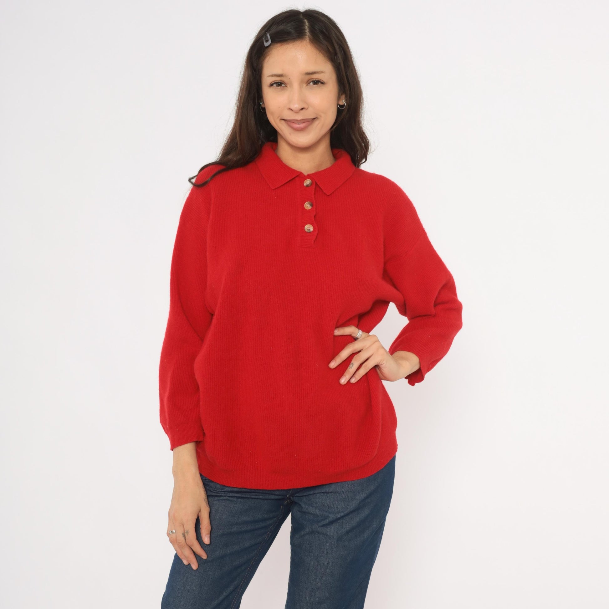 90s Outback Red Polo Sweater Wool Knit Collared Button Pullover Medium