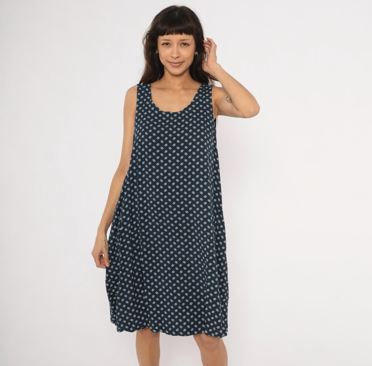 80s Steena Navy Sundress White Geometric Print Cotton Knee-Length Large L