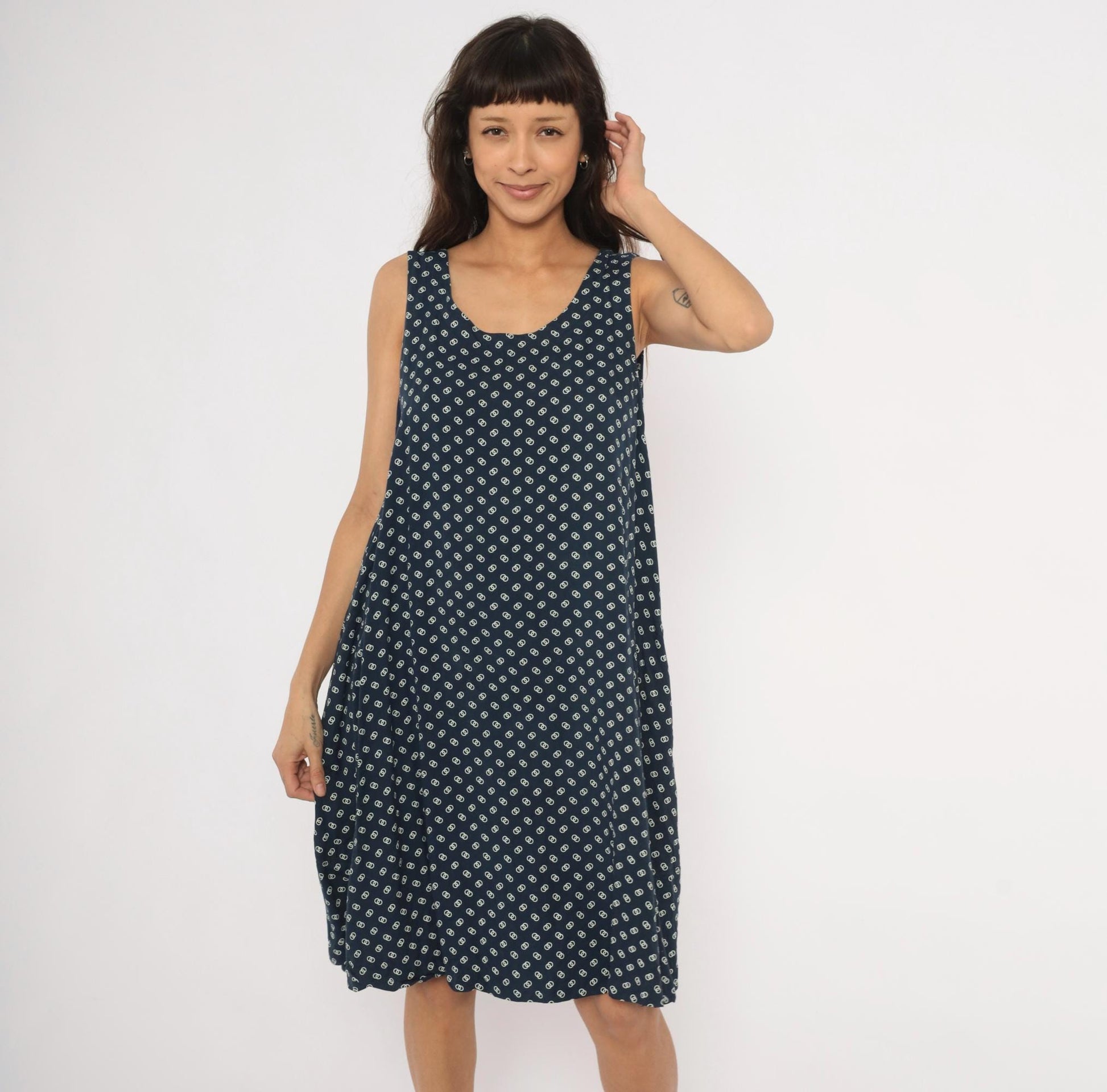 80s Steena Navy Sundress White Geometric Print Cotton Knee-Length Large L