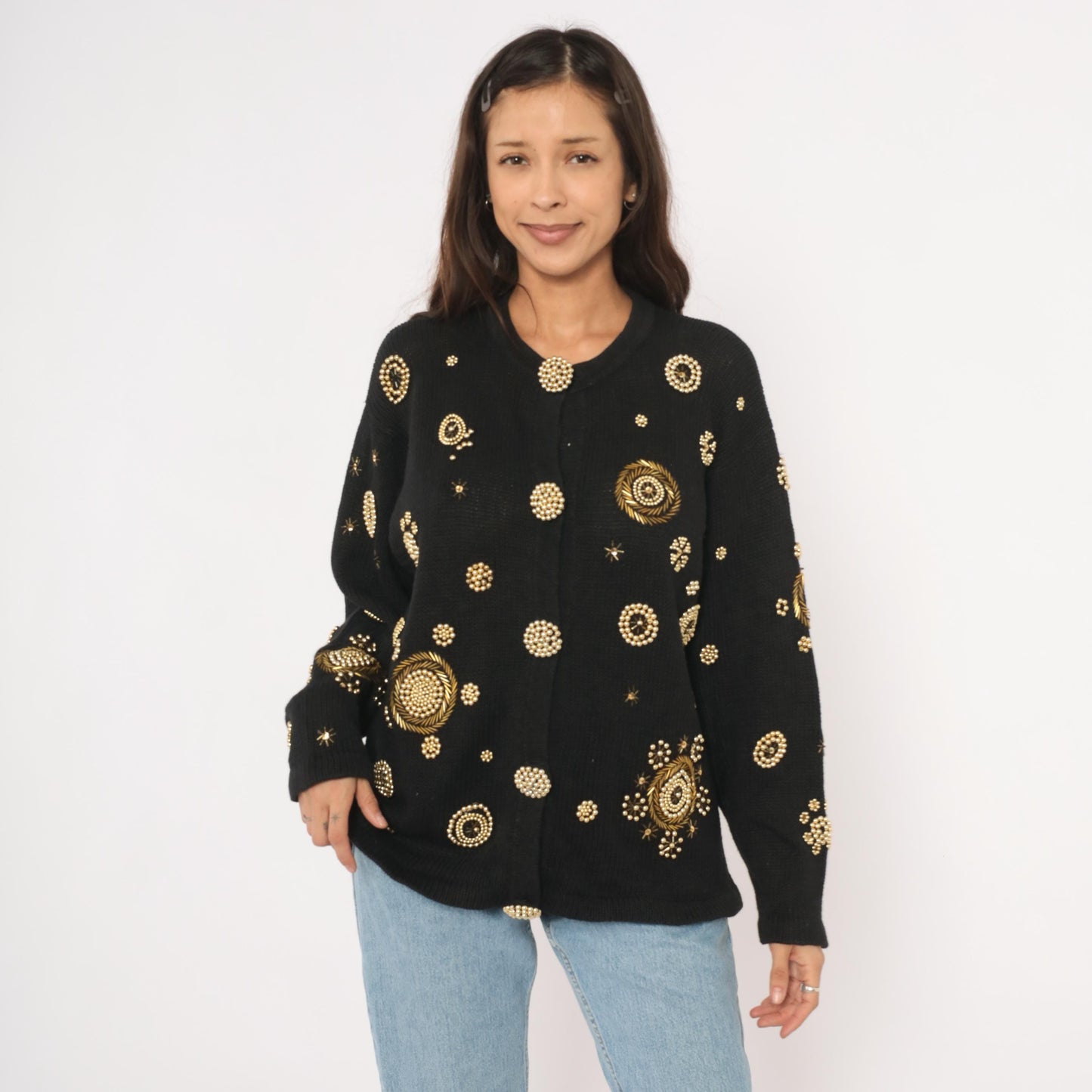90s Fitting Image Black Cardigan Gold Beaded Medallion Embroidery Extra Large XL
