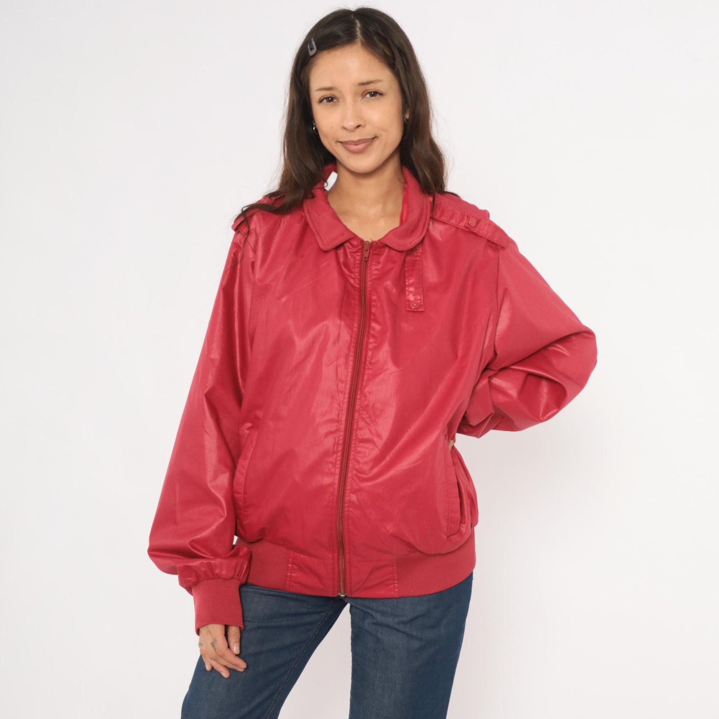 80s Raspberry Bomber Jacket Four Seasons Zip Front Windbreaker Shoulder Tabs Large L