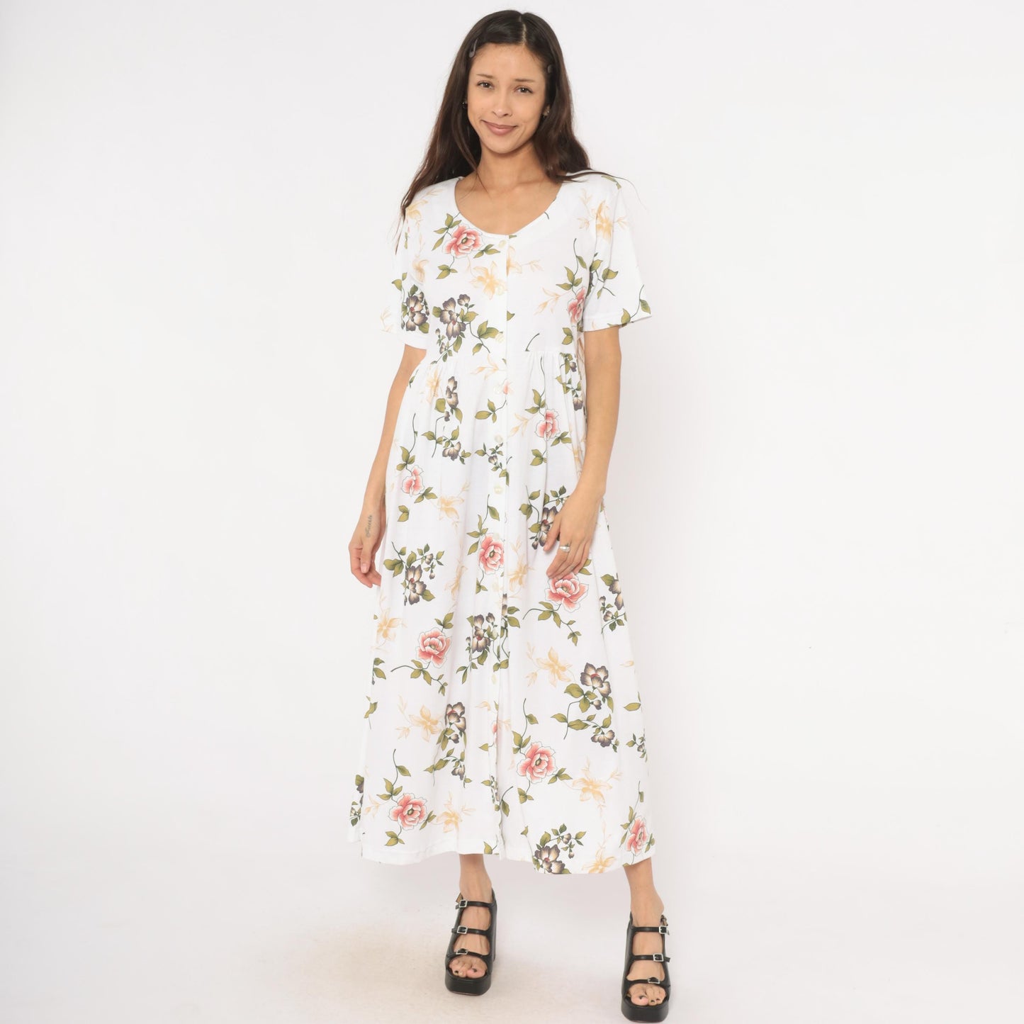 90s Bizzit Floral Maxi Dress White Pink Roses Short Sleeve Empire Waist Medium