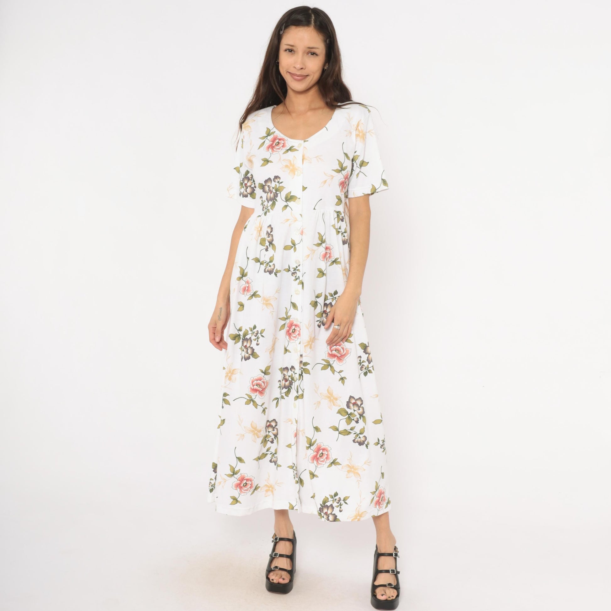 90s Bizzit Floral Maxi Dress White Pink Roses Short Sleeve Empire Waist Medium