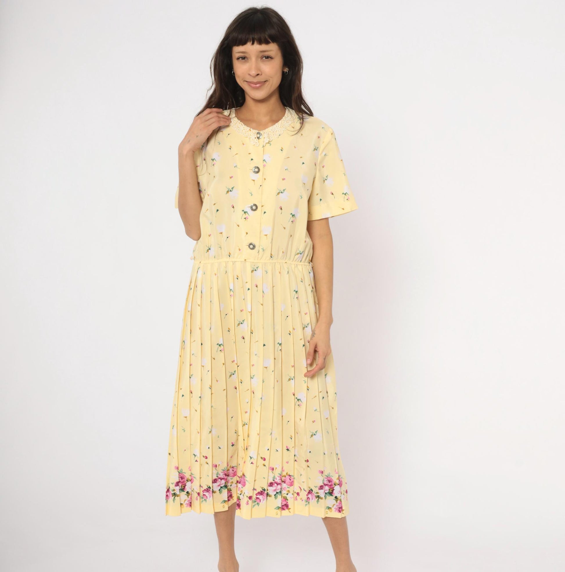 80s Leslie Fay Butter Yellow Floral Midi Dress Lace Collar Pleated Skirt Large L