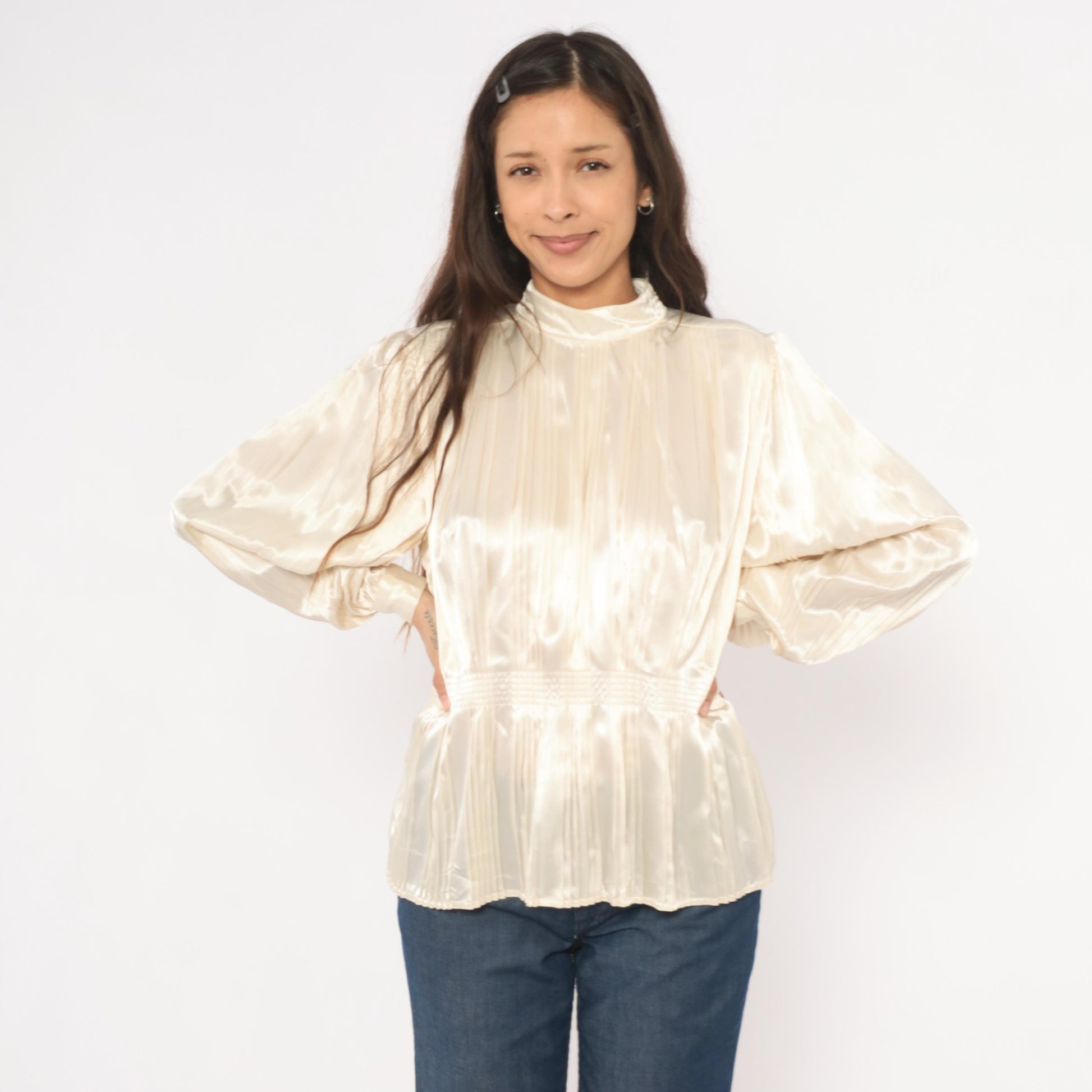 80s Nilani Ivory Satin Blouse Peplum High Neck Bishop Sleeve Small