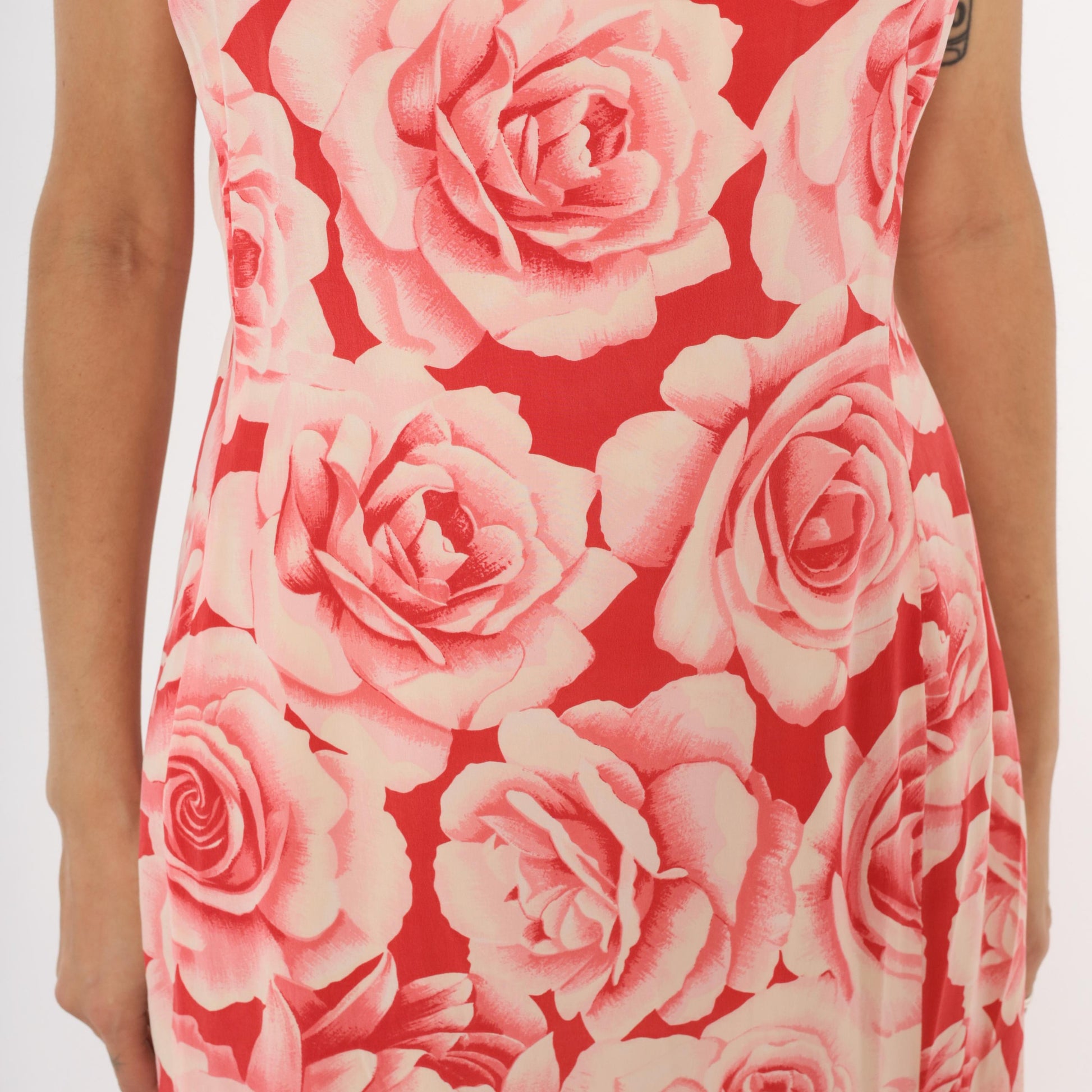 Y2K Neiman Marcus Silk Rose Print Slip Dress Pink Red Midi Slit Small S