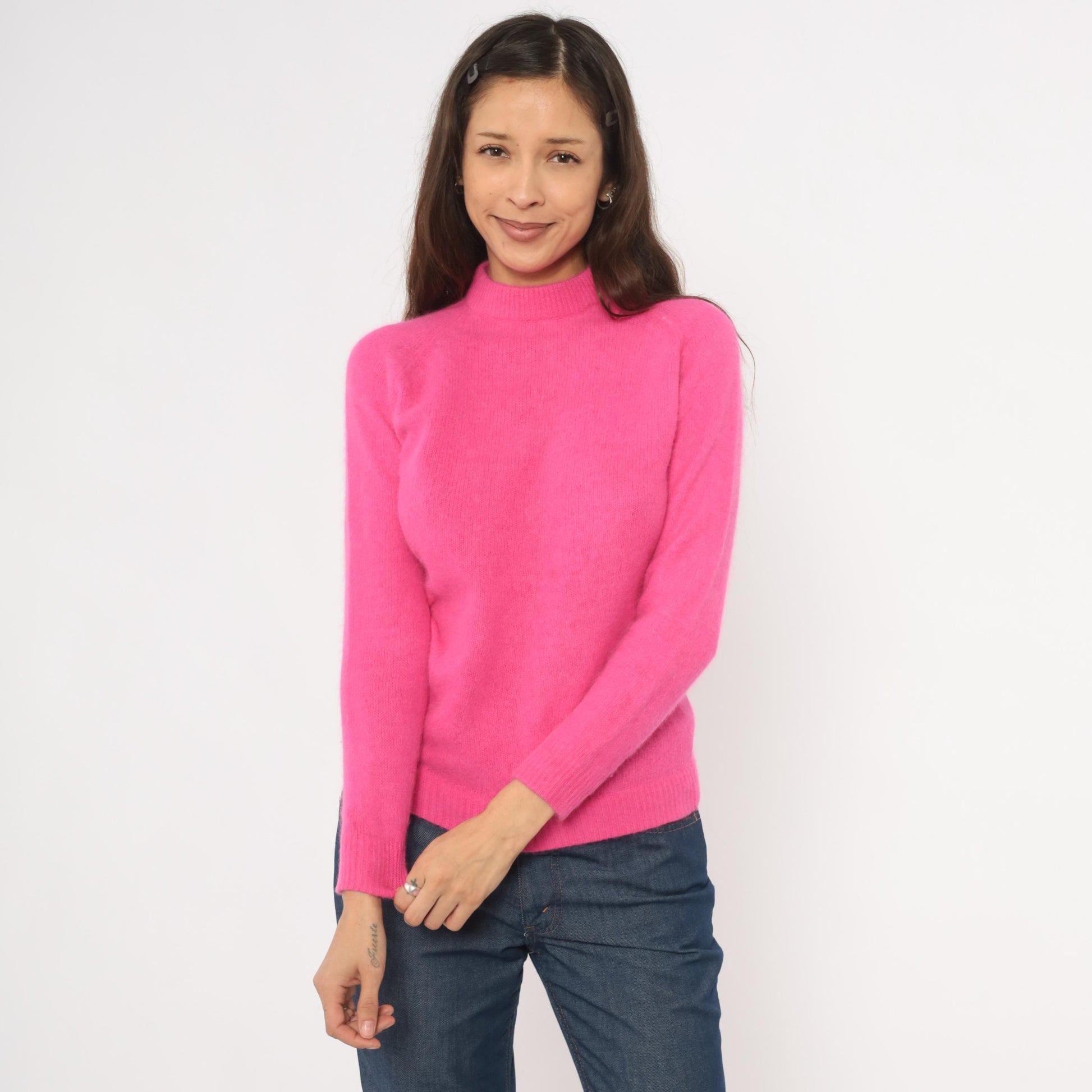 70s Hot Pink Mock Neck Sweater Lambswool Angora Fitted Raglan Small S