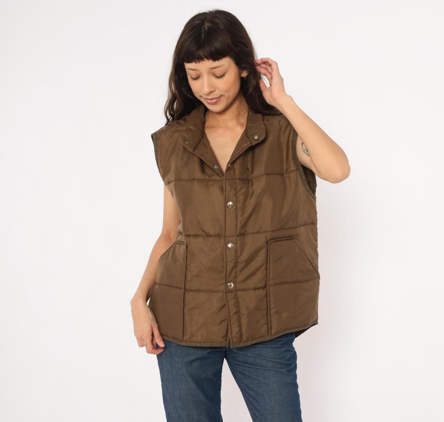 80s Brown Quilted Puffer Vest Snap Front Sleeveless Jacket Large L