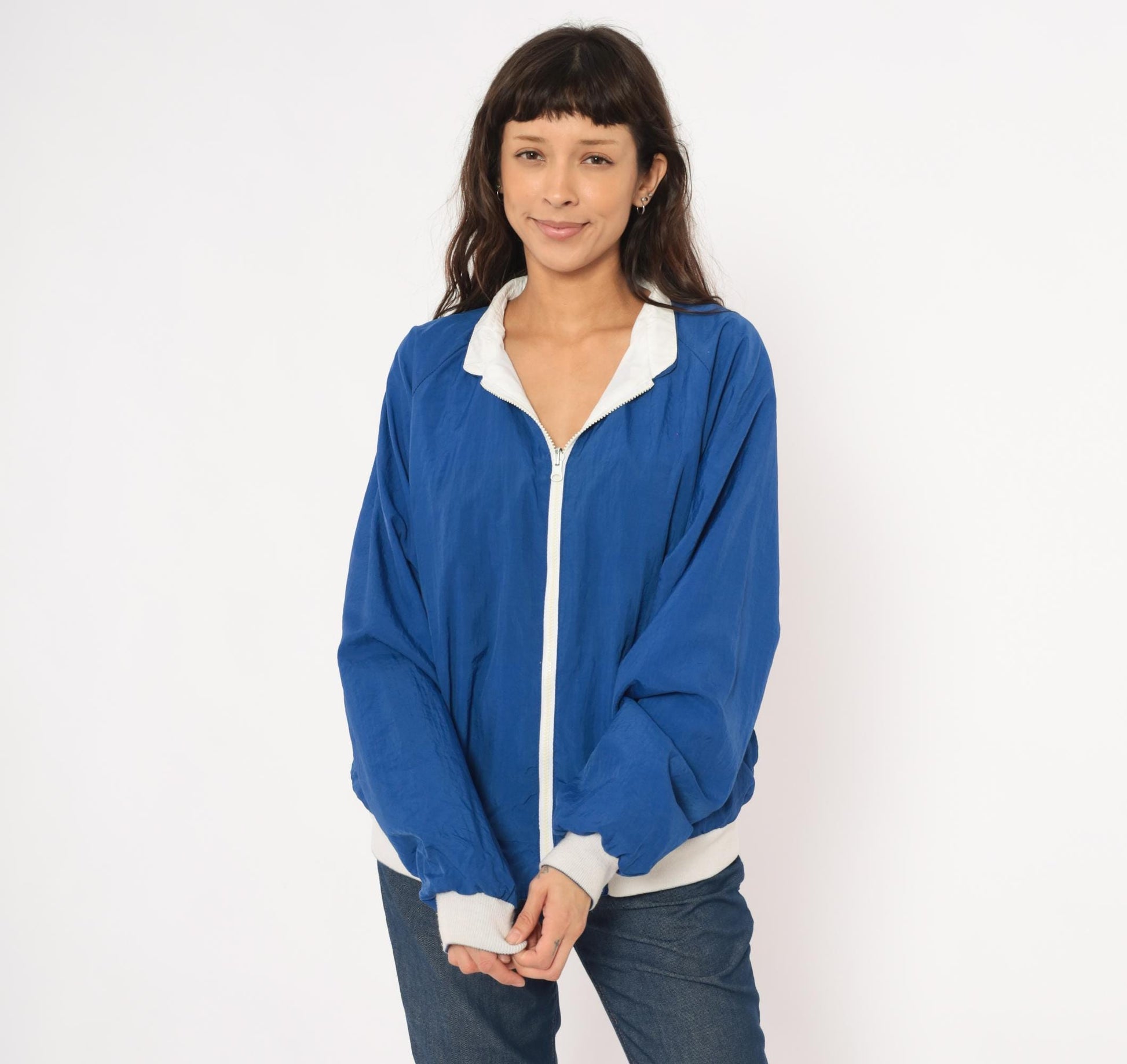 80s Sasson Reversible Windbreaker Blue White Colorblock Raglan Jacket Large