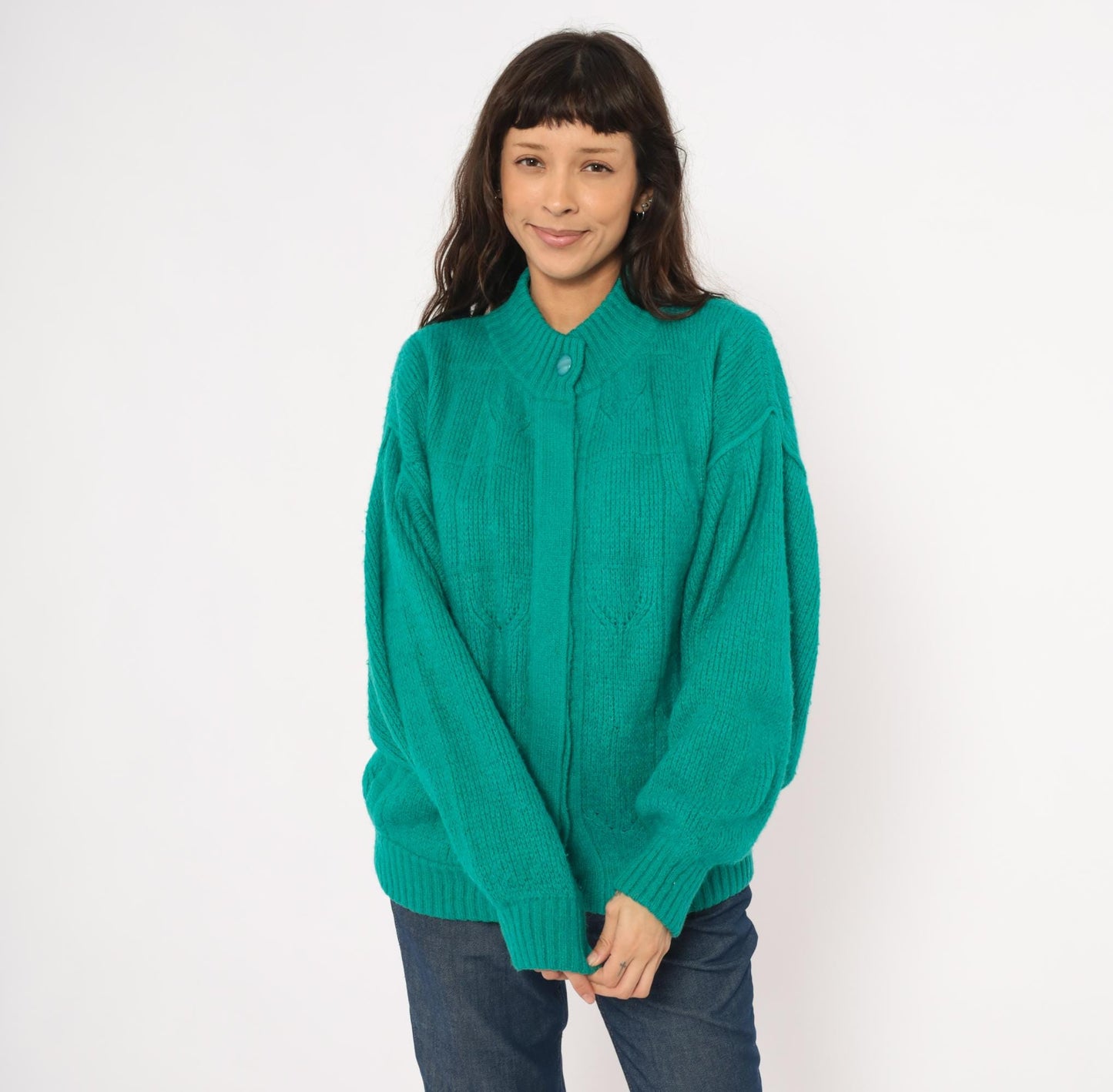 90s Astri Teal Mohair Cardigan Leaf Cable Knit Bomber Medium M
