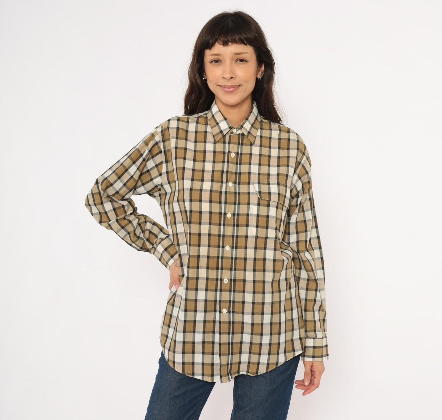 90s Steeplechase Plaid Button-Up Shirt Tan Navy Cream Medium