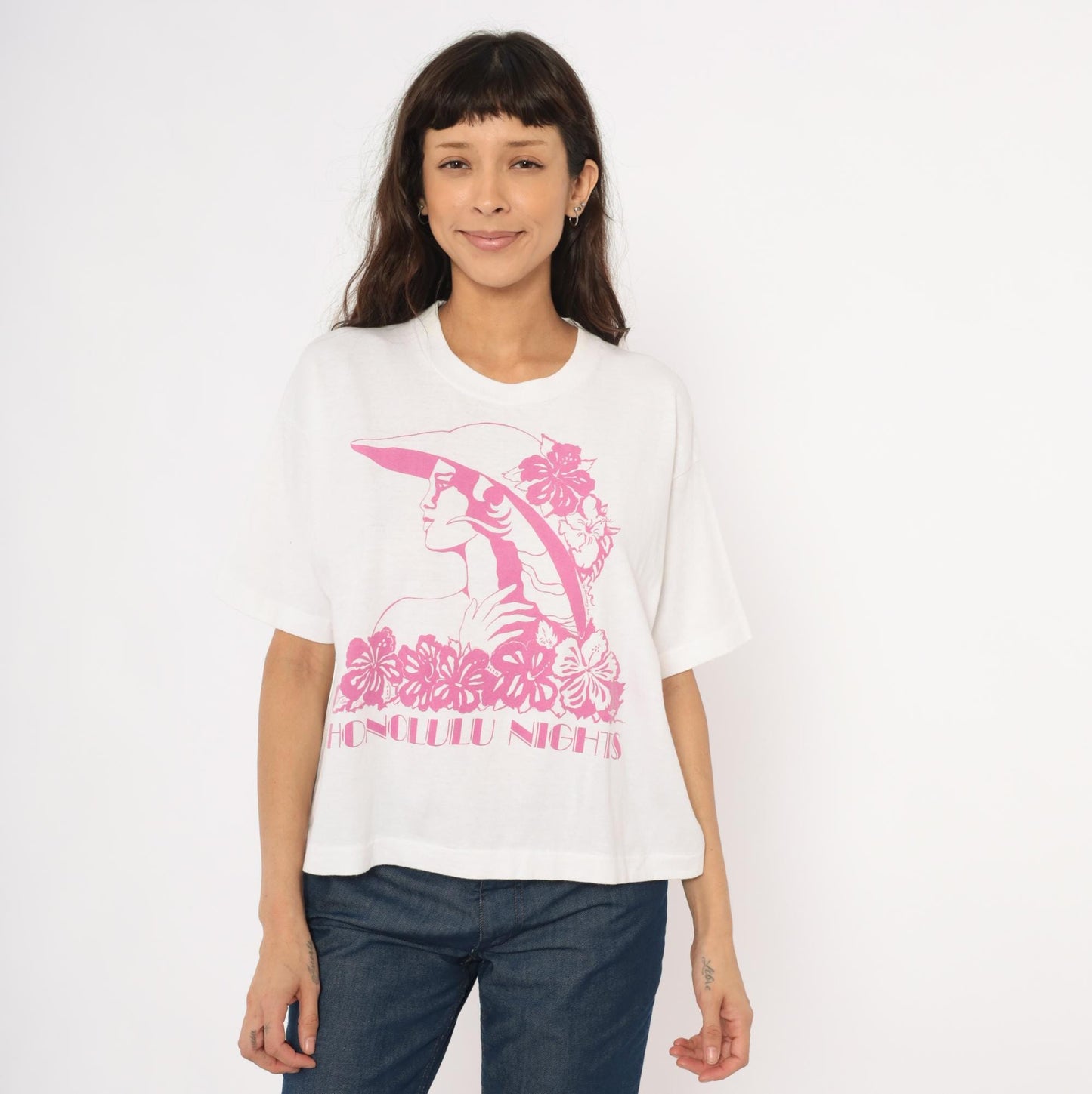 90s Honolulu Nights Fruit of the Loom Crop Tee White Pink Hibiscus Medium Large