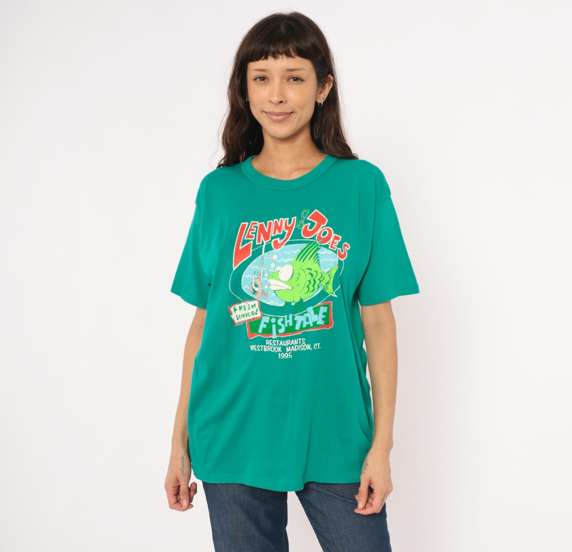 90s Lenny & Joe's Fish Tale Teal Graphic Tee Cotton Cartoon Fish Large L