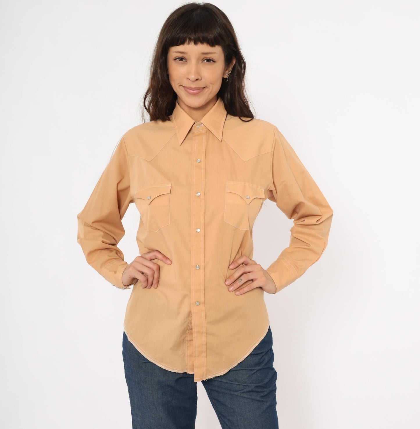 80s Western Fashions Pearl Snap Shirt Peach Cotton Pointed Collar Yoke Small