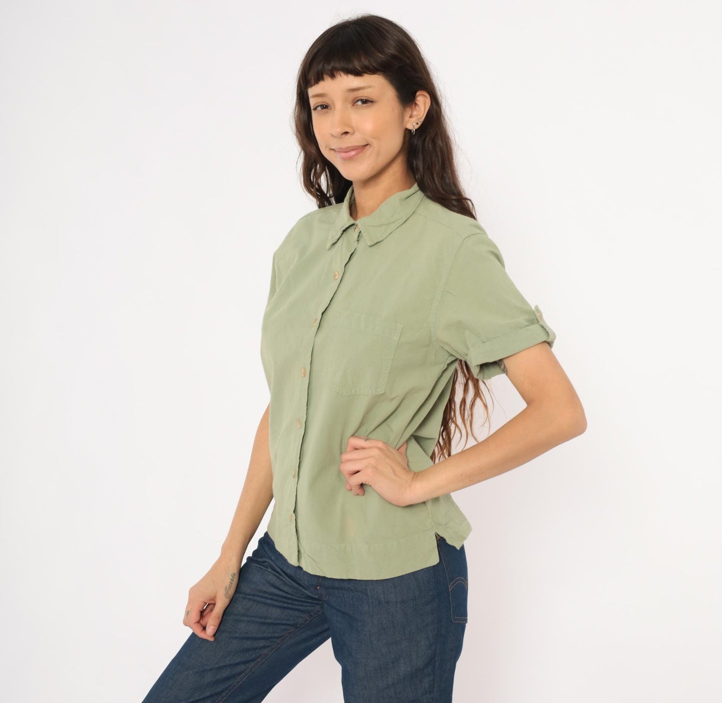 90s Erika & Co Olive Cotton Camp Collar Shirt Sage Green Rolled Sleeve Small
