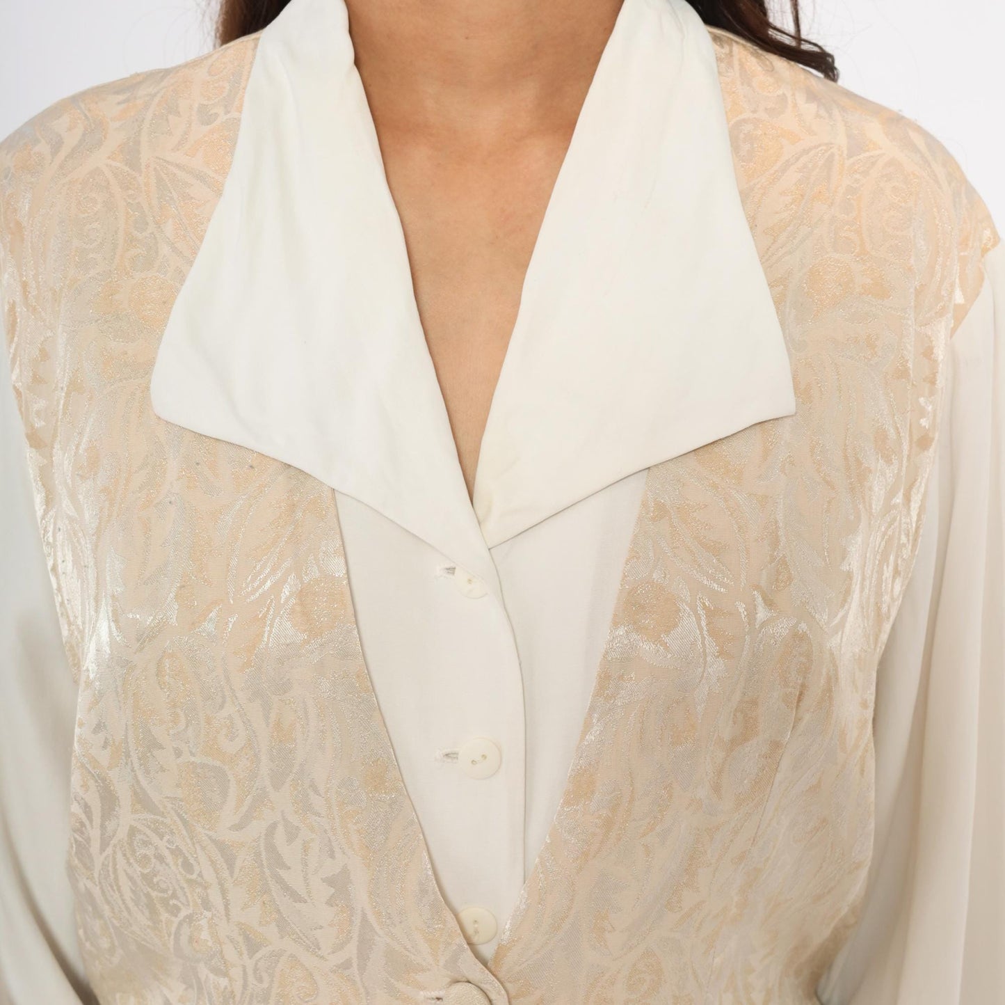 80s Miss Scarlett Jacquard Vest Midi Dress Ivory Collar Cream Sleeves Large L