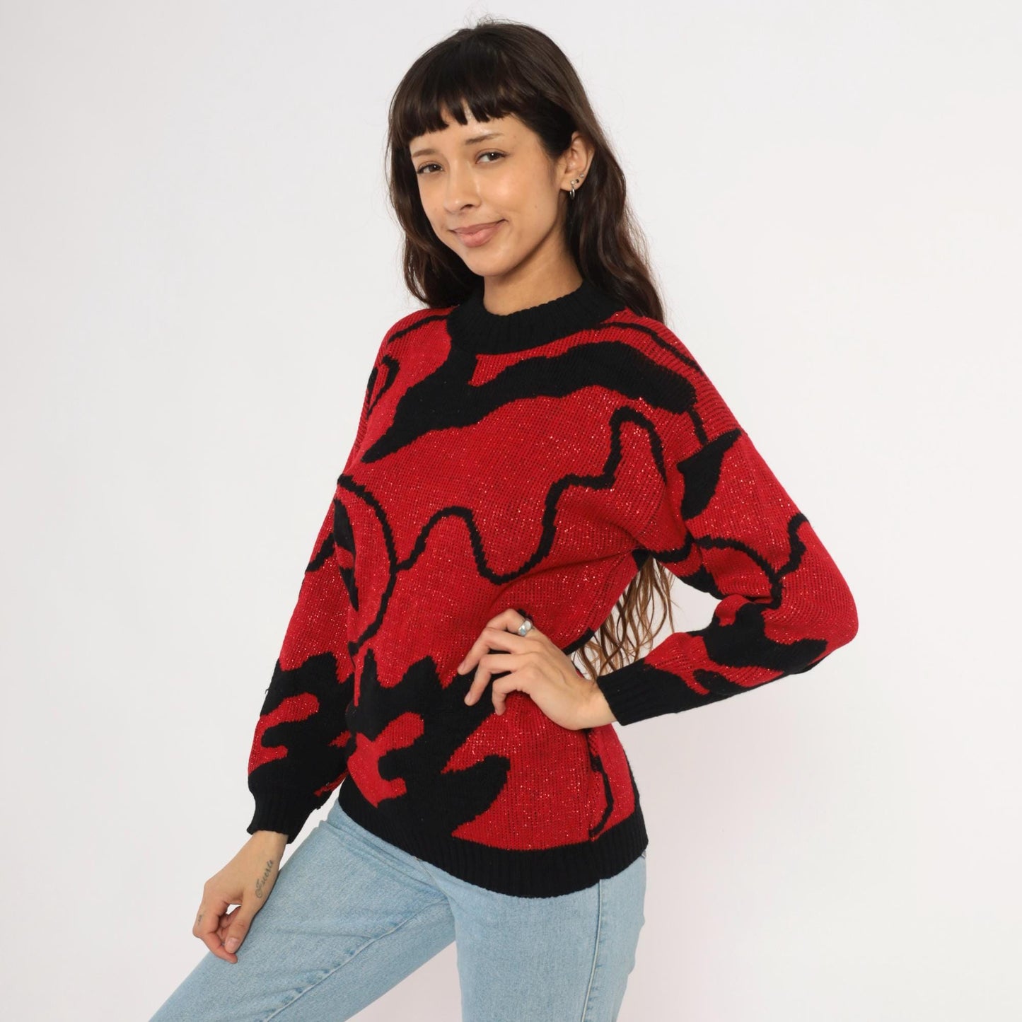 90s Rose Red Black Abstract Knit Pullover Shimmer Sweater Medium M