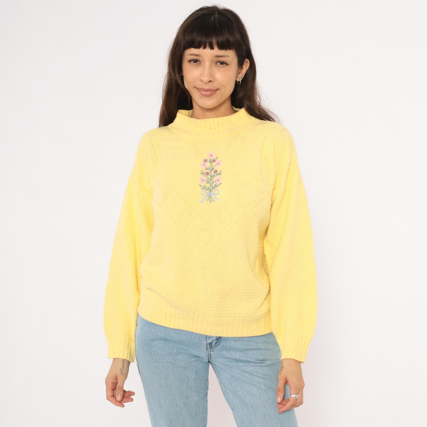 80s Liz Thomas Embroidered Floral Bouquet Knit Pullover Yellow Medium M