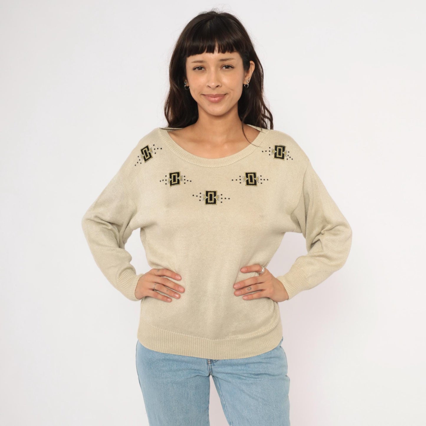 80s Fern Wagner Tan Knit Sweater Beaded Geometric Applique Small