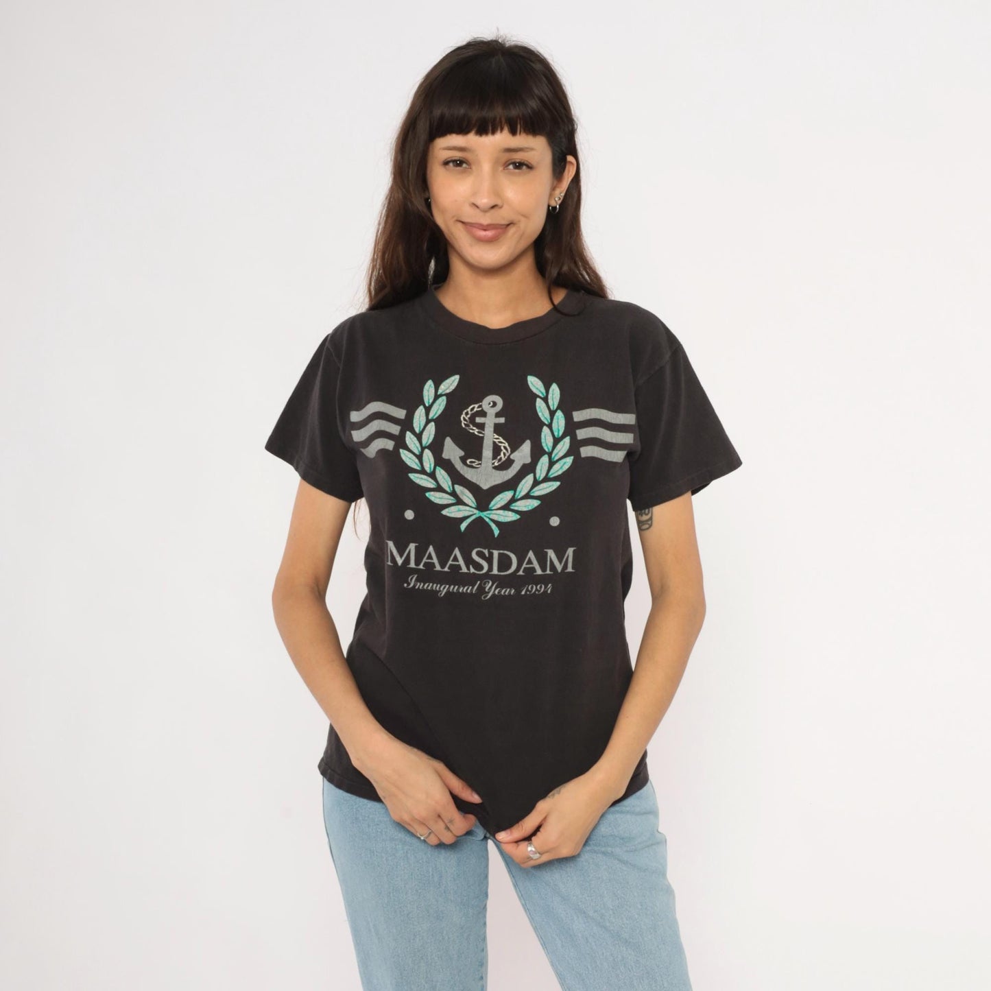 90s MS Maasdam Cruise Ship Graphic Tee Black Cotton Nautical Medium M