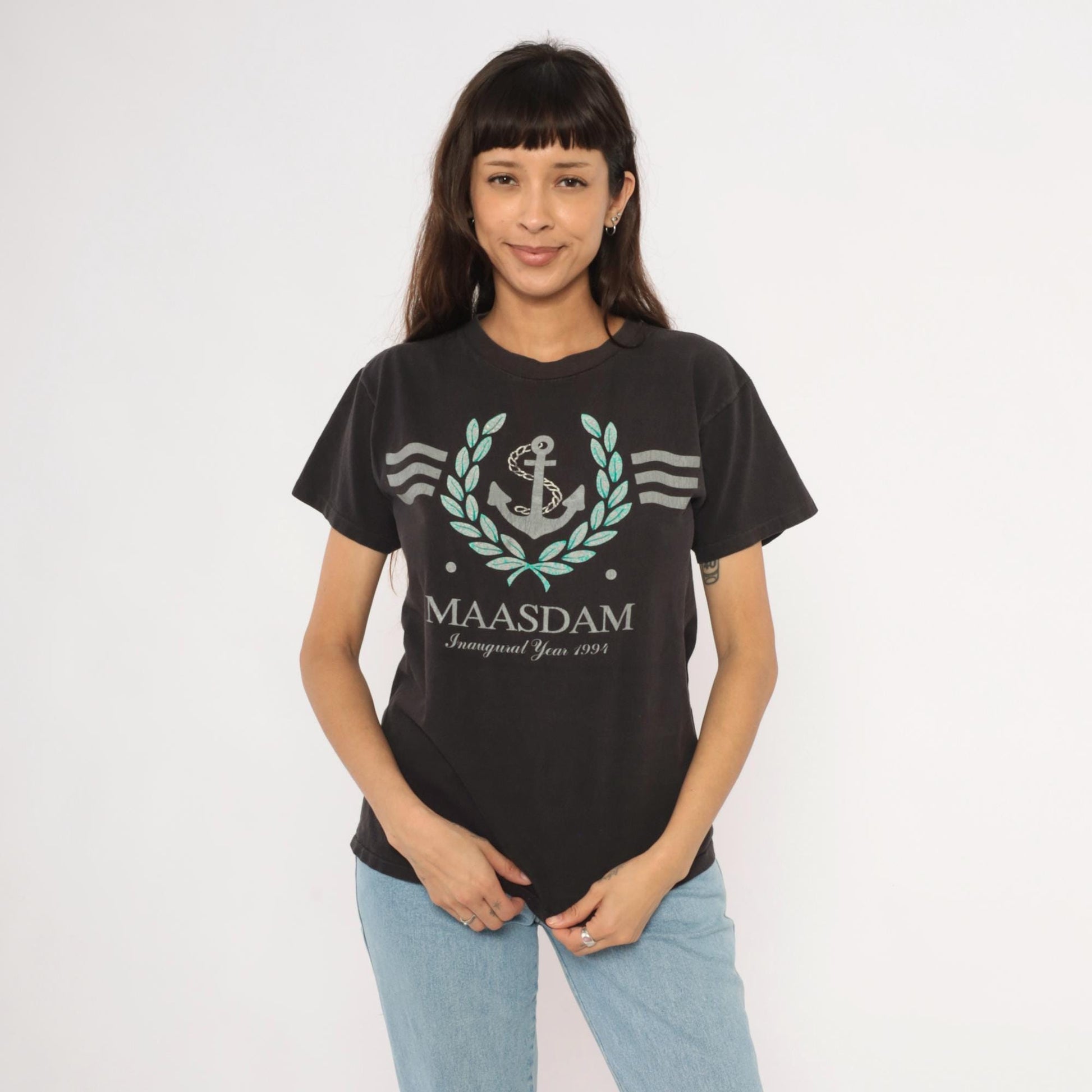 90s MS Maasdam Cruise Ship Graphic Tee Black Cotton Nautical Medium M