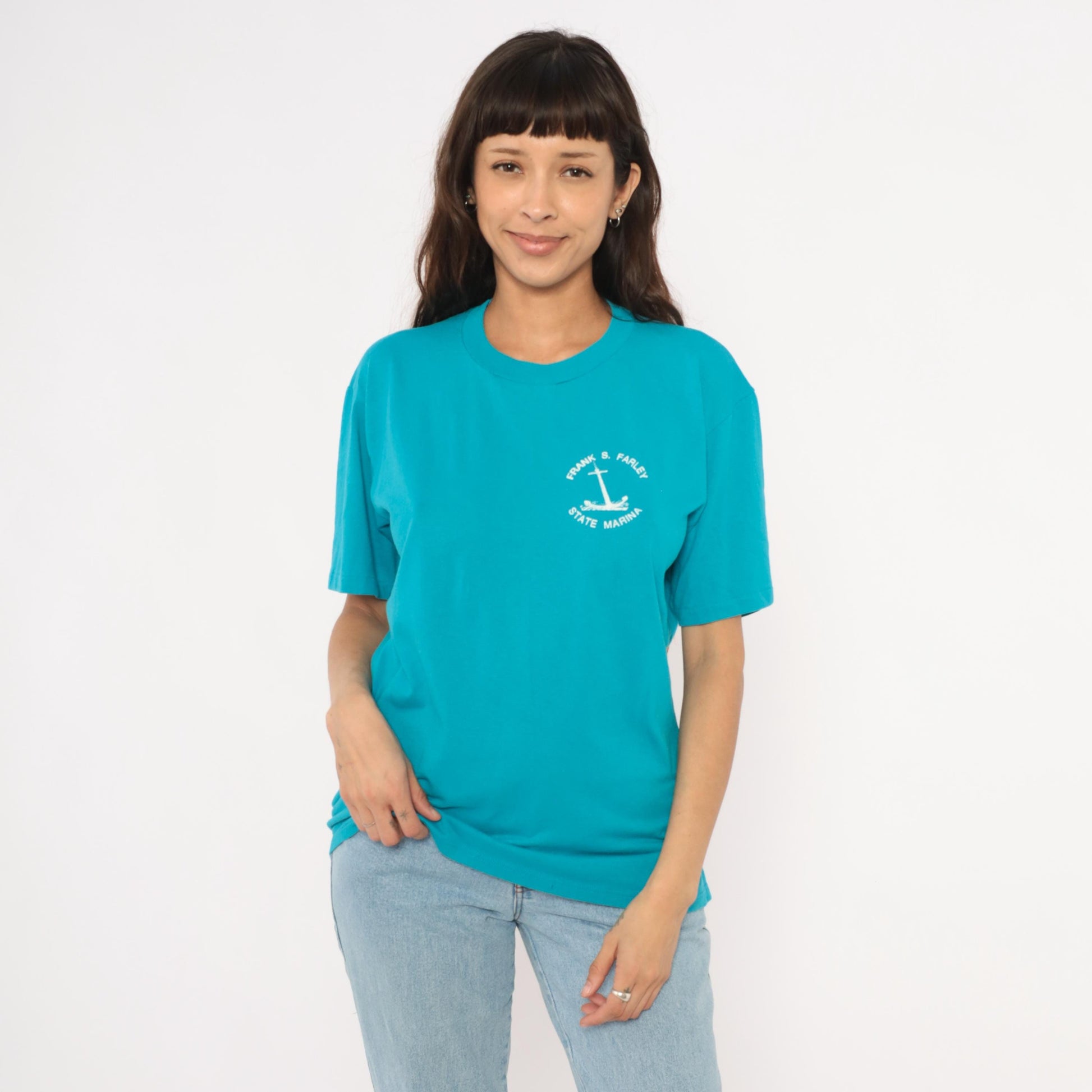 90s Jerzees Frank S. Farley State Marina Anchor Graphic Tee Teal Large L