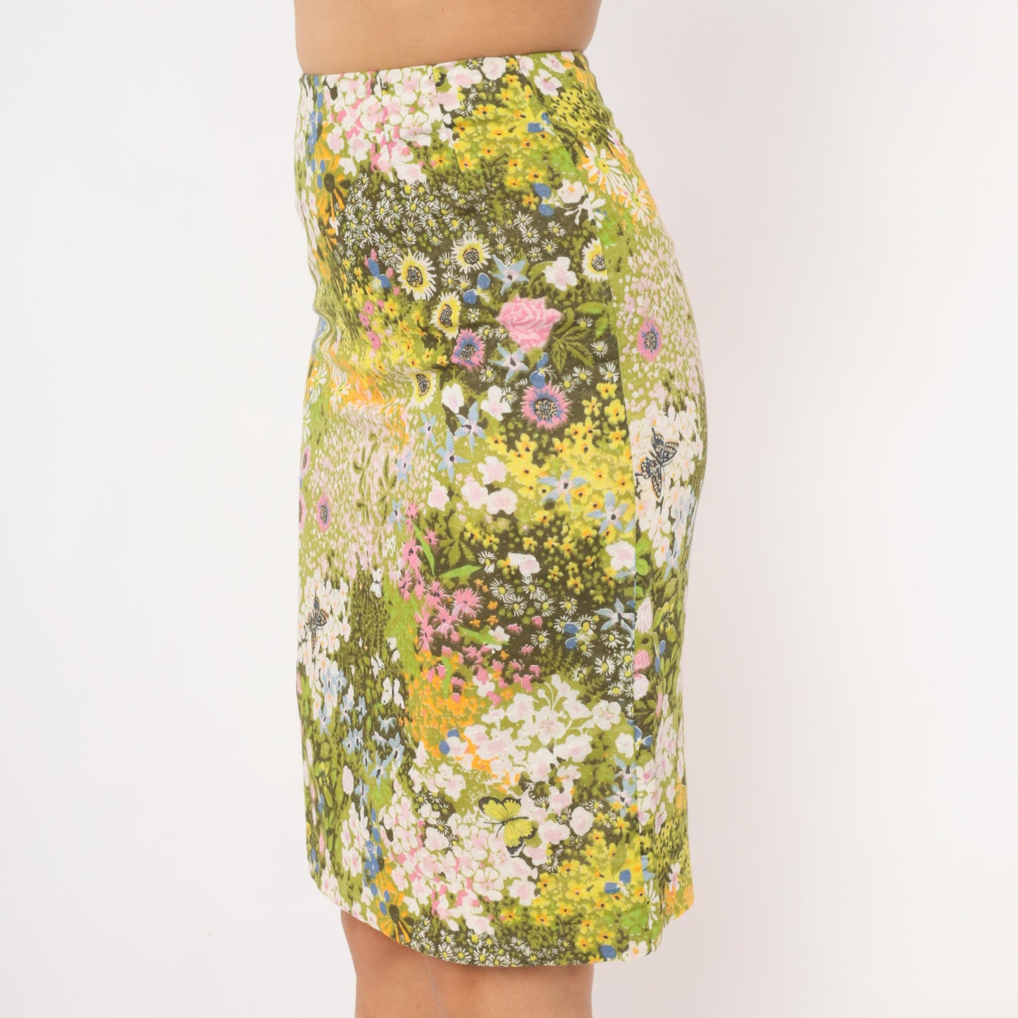70s Wildflower Garden Pencil Skirt Green Floral Butterfly Print Knee Length Small