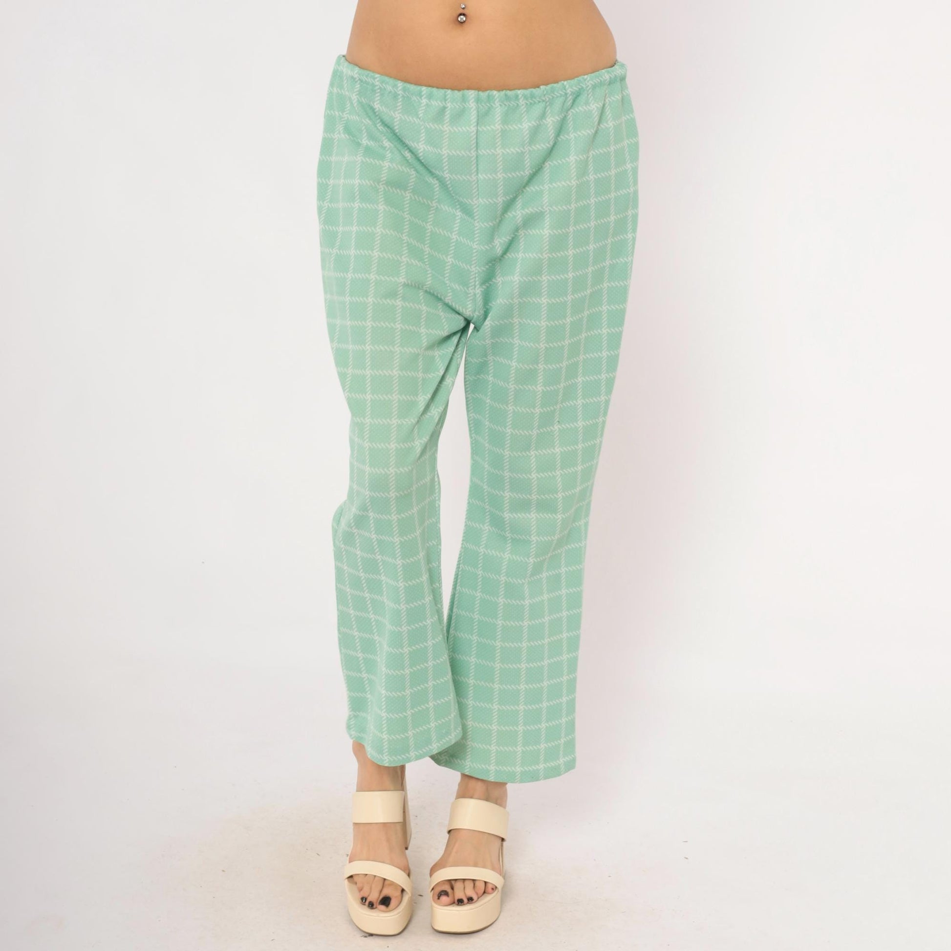 70s Mint Plaid Kick Flare Pants White Windowpane Grid Cropped Medium Large