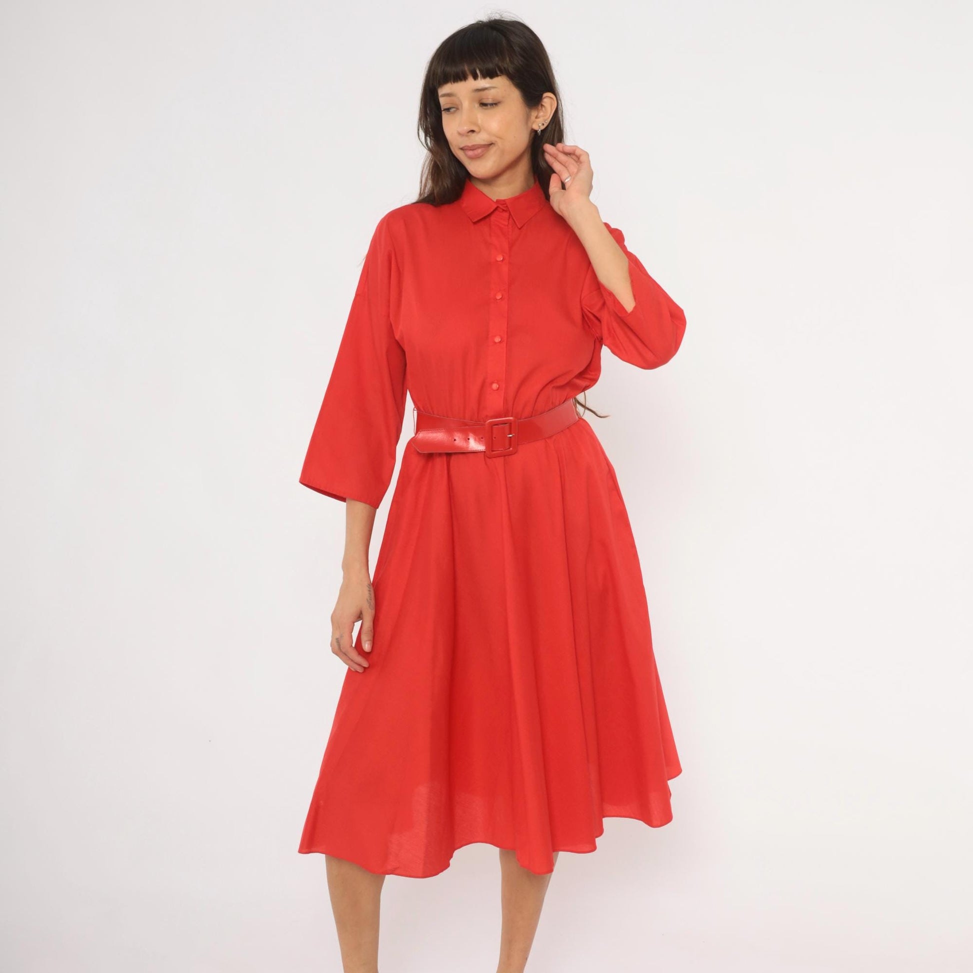 80s The American Shirt Dress Red Midi Button-Front Belted Waist Medium M