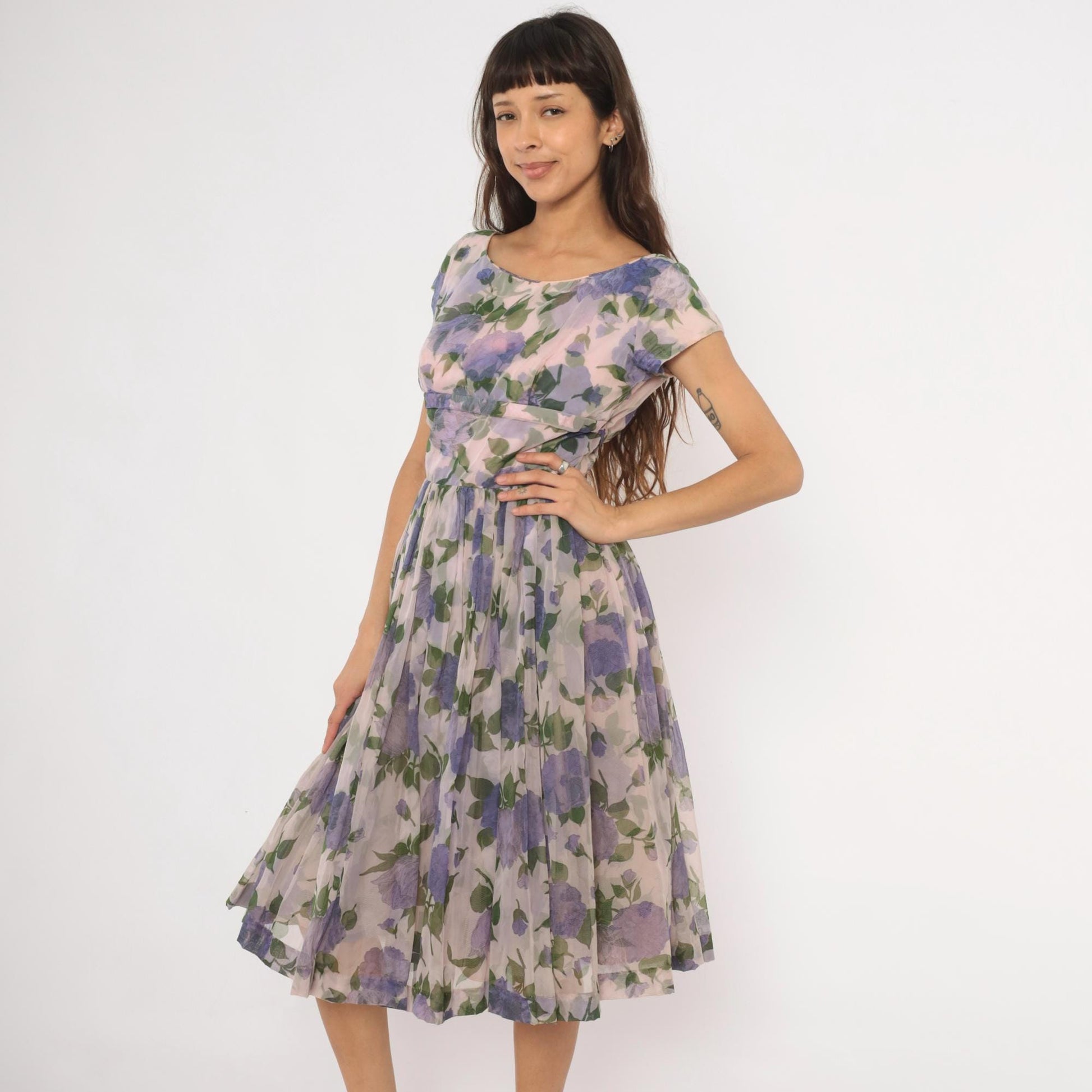 60s Lavender Floral Chiffon Dress Cap Sleeve Fit and Flare Purple Rose Small Medium