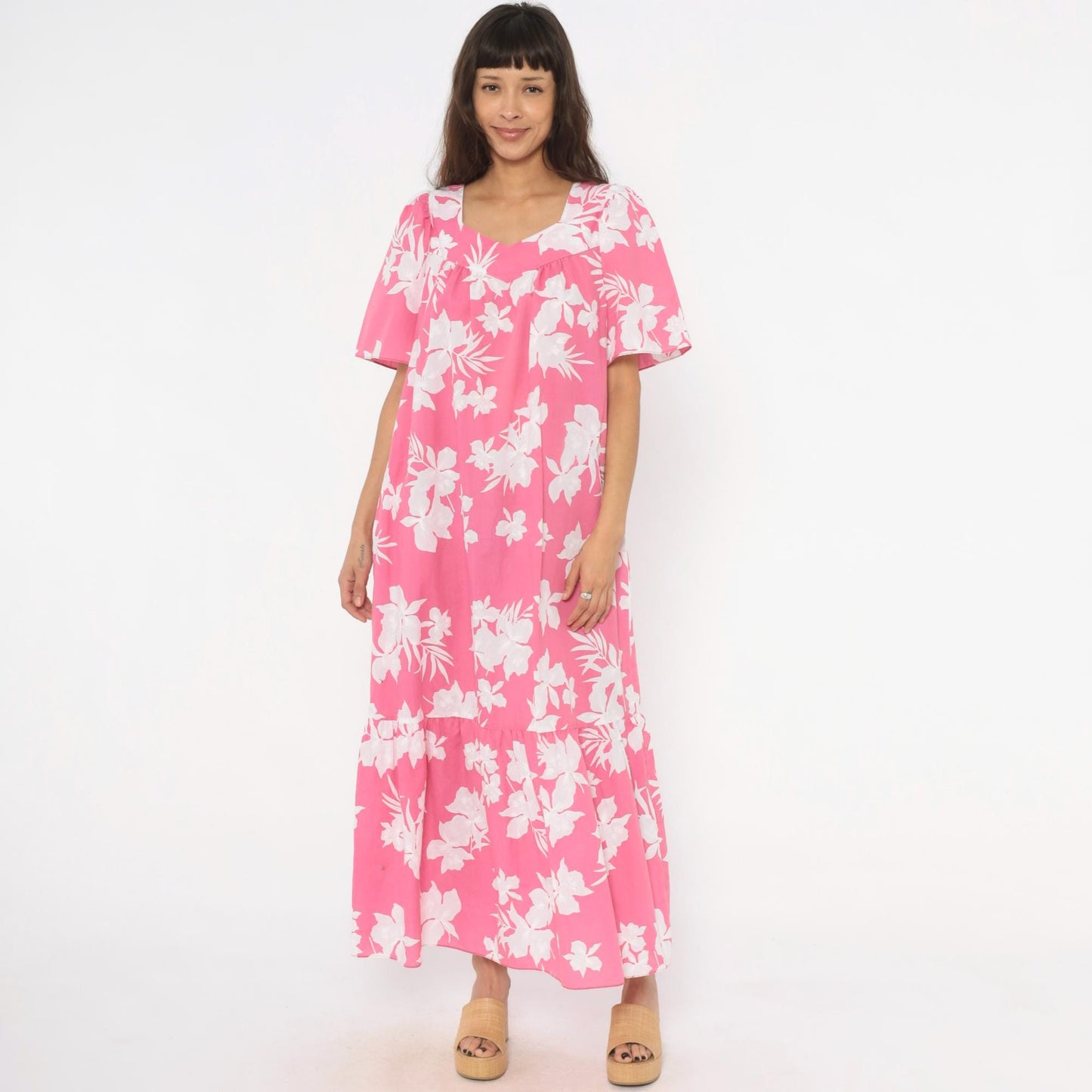 80s Pink Floral Maxi Dress Tropical Hibiscus Puff Sleeve Sweetheart Medium M