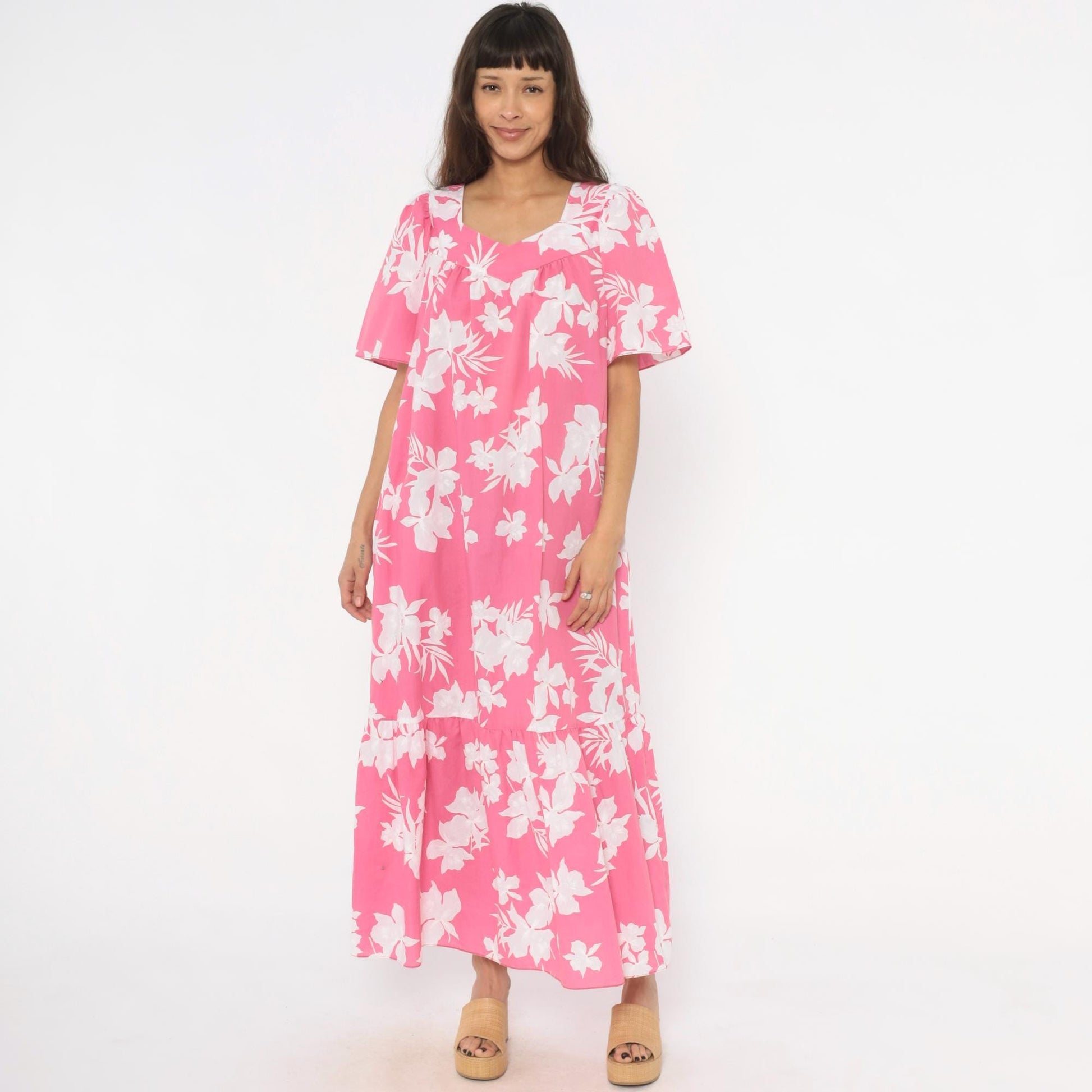 80s Pink Floral Maxi Dress Tropical Hibiscus Puff Sleeve Sweetheart Medium M