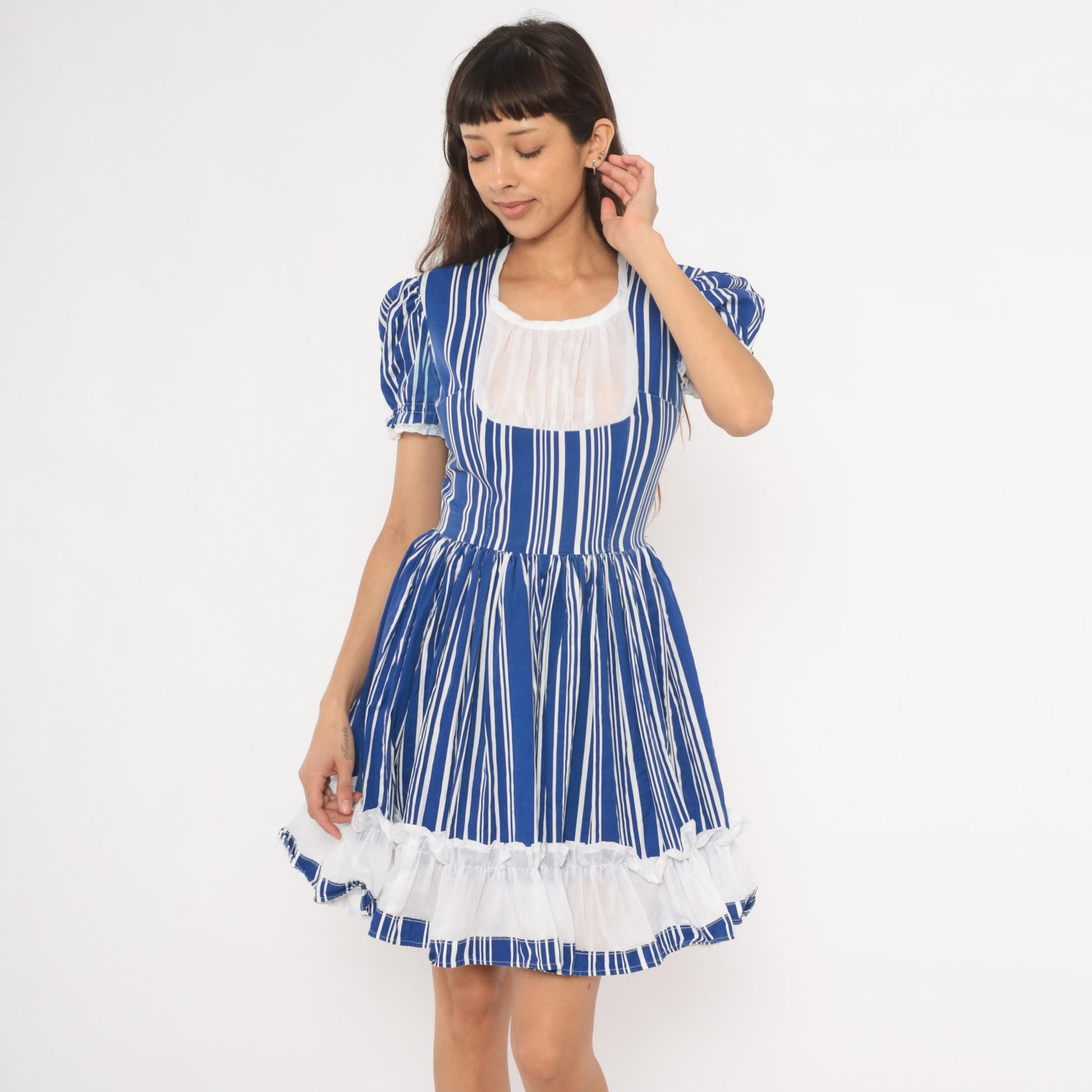 70s Striped Puff Sleeve Mini Dress Blue White Cotton Gathered Skirt Small S