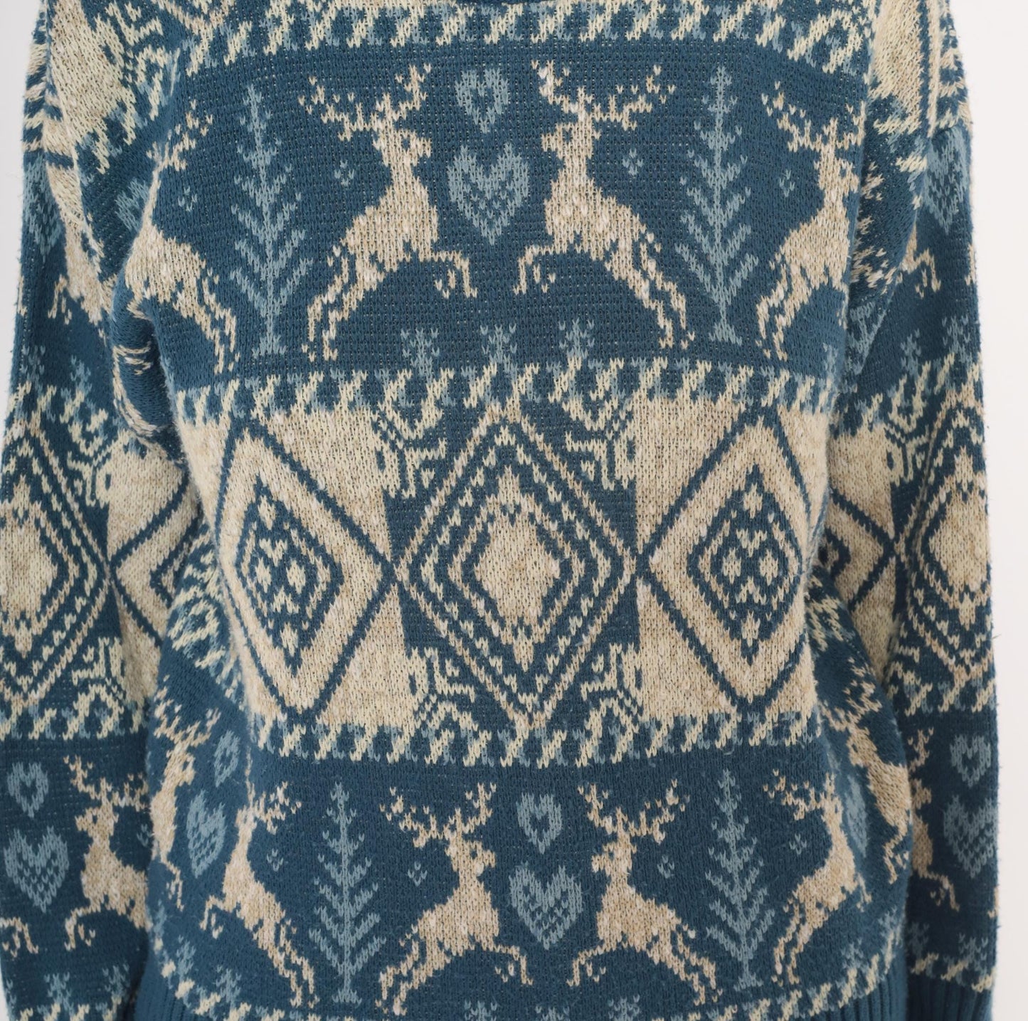 90s United States Sweaters Reindeer Fair Isle Turtleneck Blue Cream Small