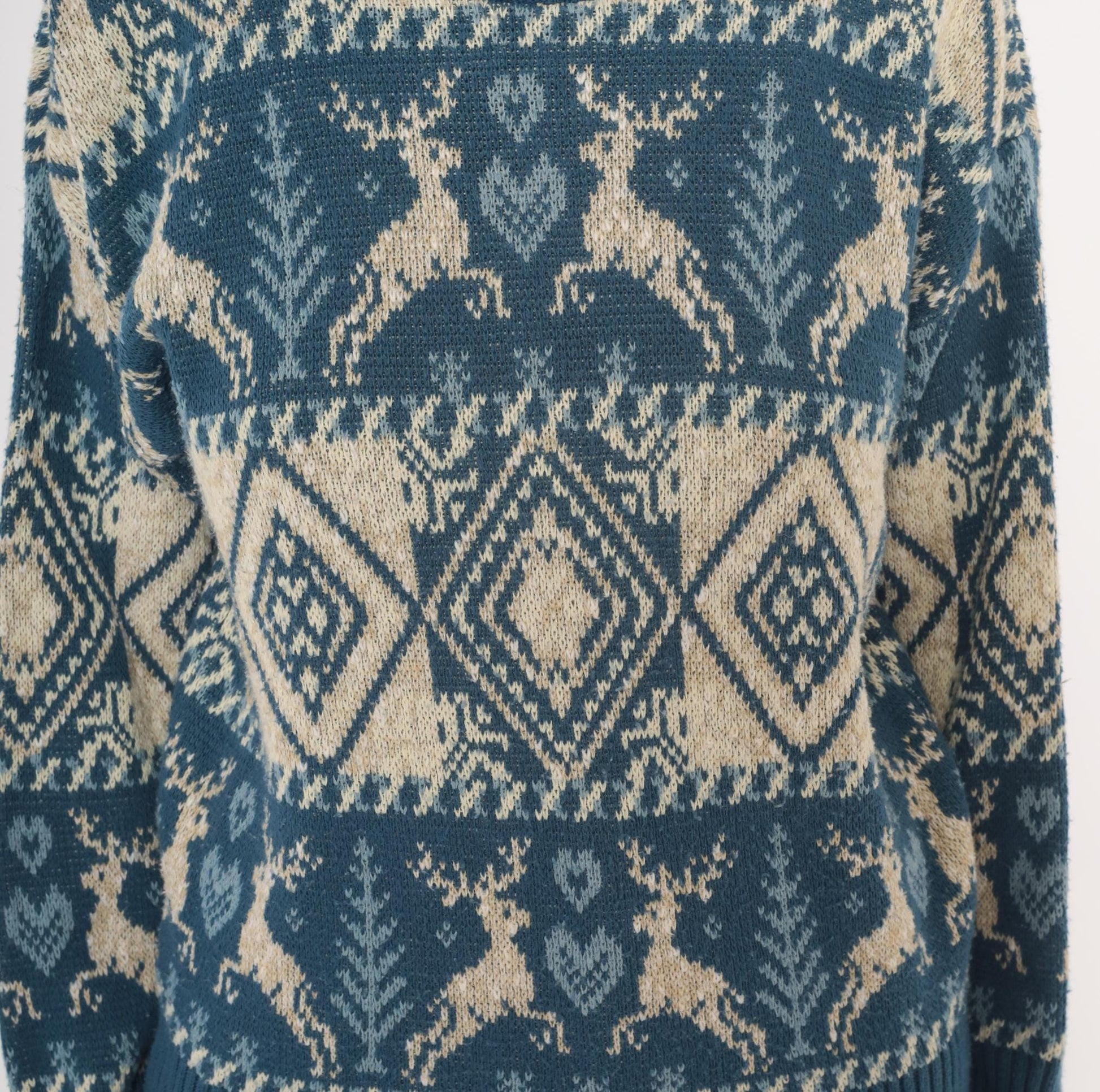 90s United States Sweaters Reindeer Fair Isle Turtleneck Blue Cream Small