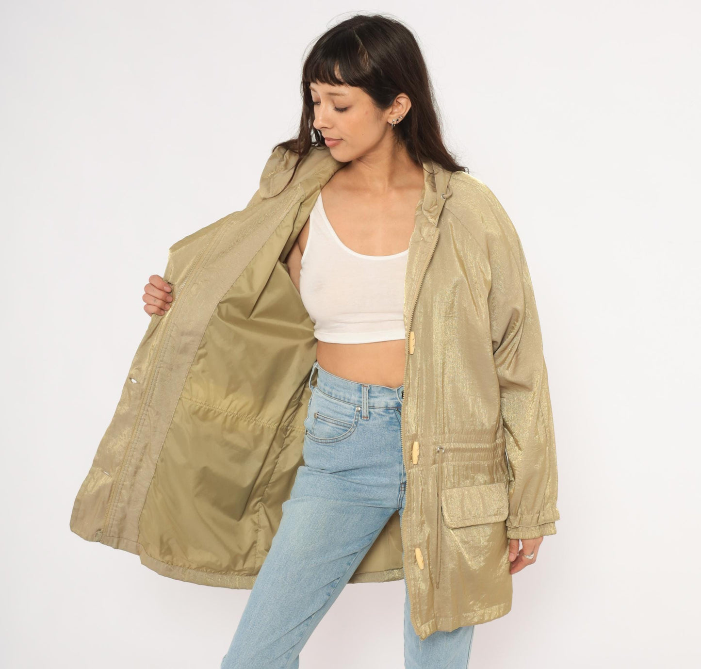 90s Diana Marco Gold Metallic Hooded Parka Windbreaker Large L