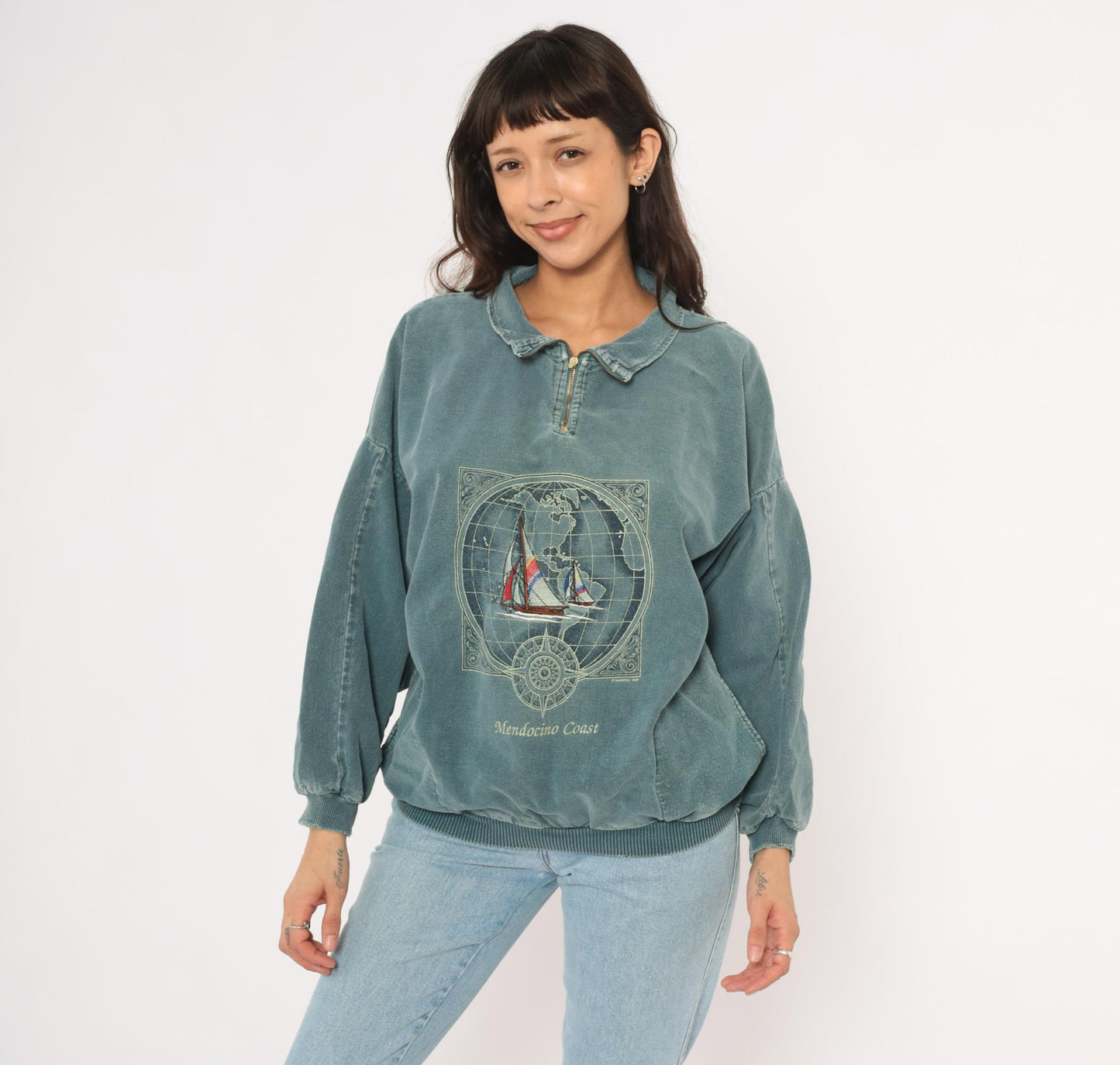 90s Sansegal Sportswear Mendocino Coast Sailboat Quarter-Zip Sweatshirt Grey Blue Medium