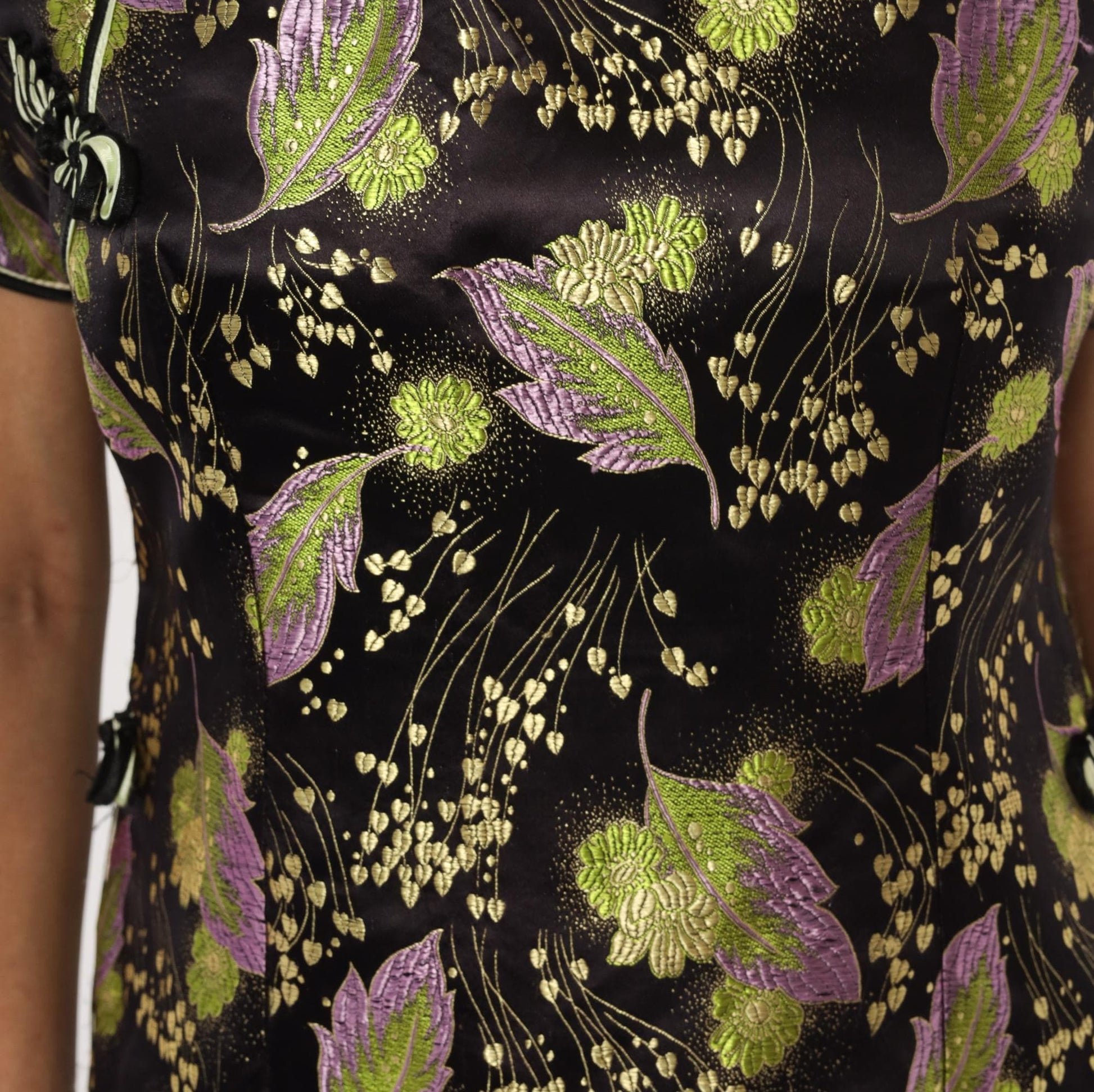 90s Mimi Cheongsam Top Black Brocade Floral Mandarin Collar Plus Size XXL