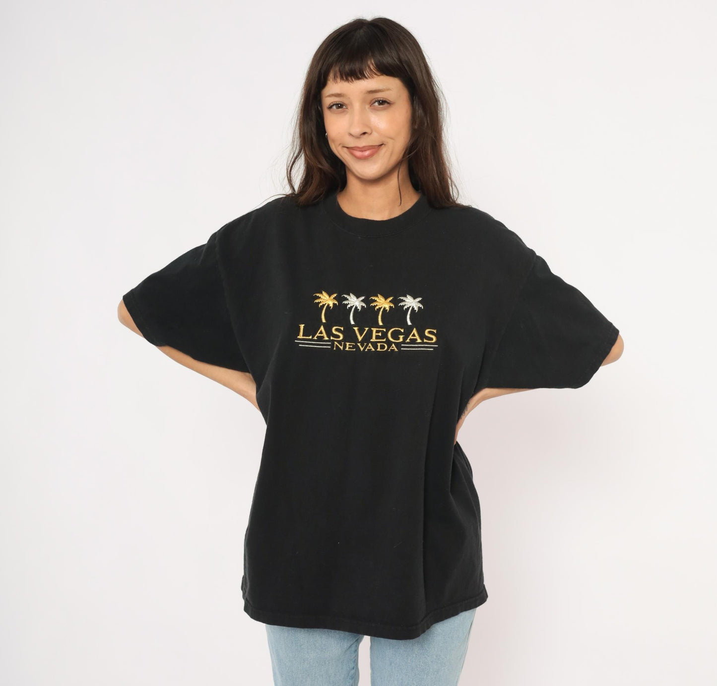 90s Las Vegas Nevada Embroidered Palm Tree Tee Black Cotton Mens Extra Large XL