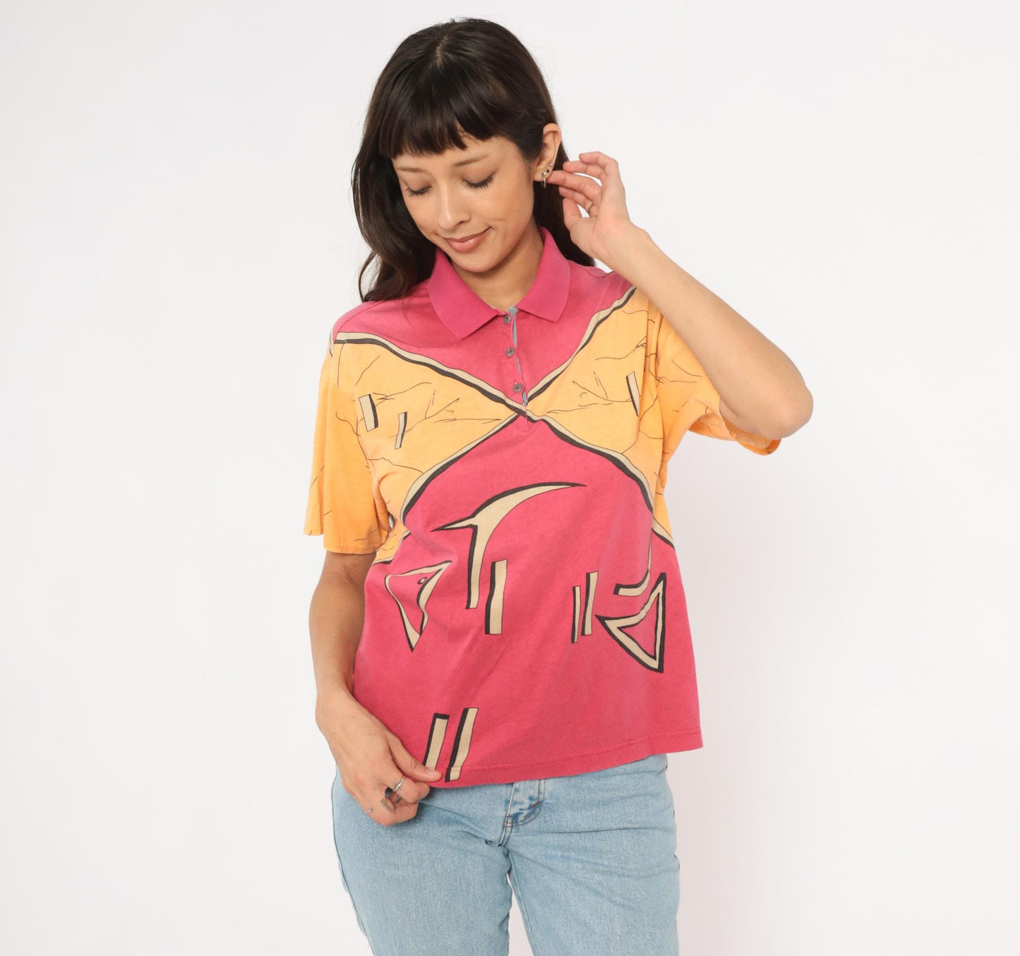 90s Ixspa Abstract Polo Pink Orange Cotton Geometric Graphic Medium