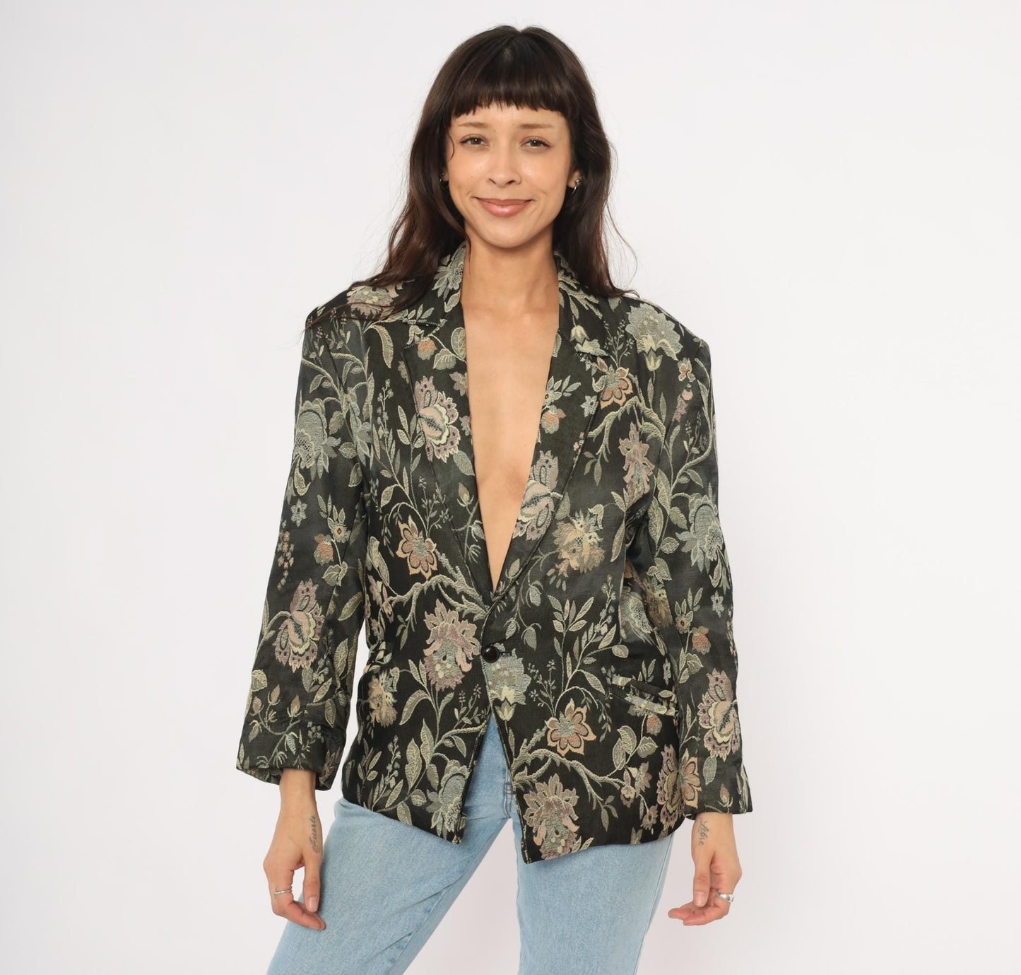 90s Z Cavaricci Floral Jacquard Blazer Black Tapestry Cotton Medium M