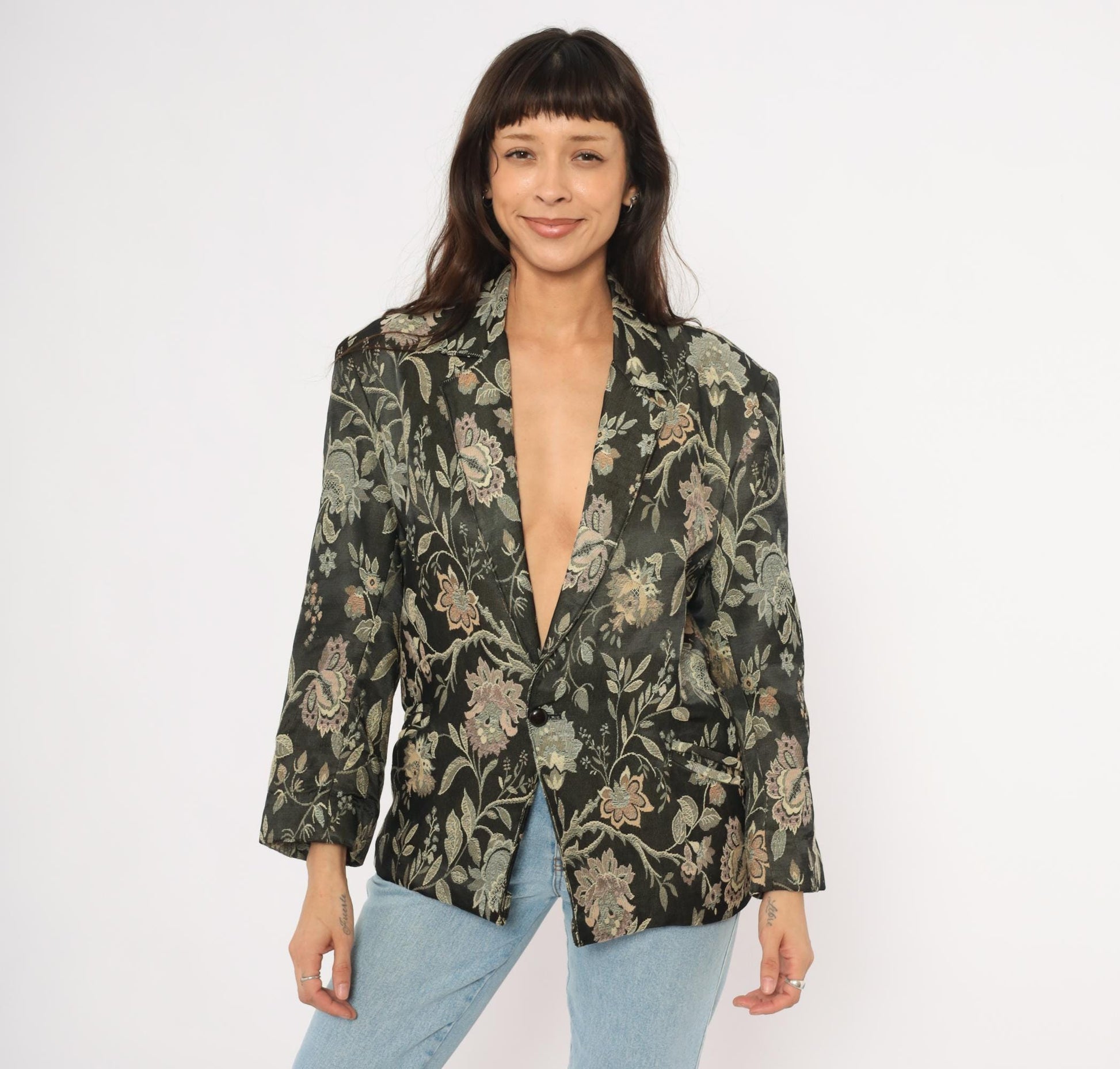 90s Z Cavaricci Floral Jacquard Blazer Black Tapestry Cotton Medium M