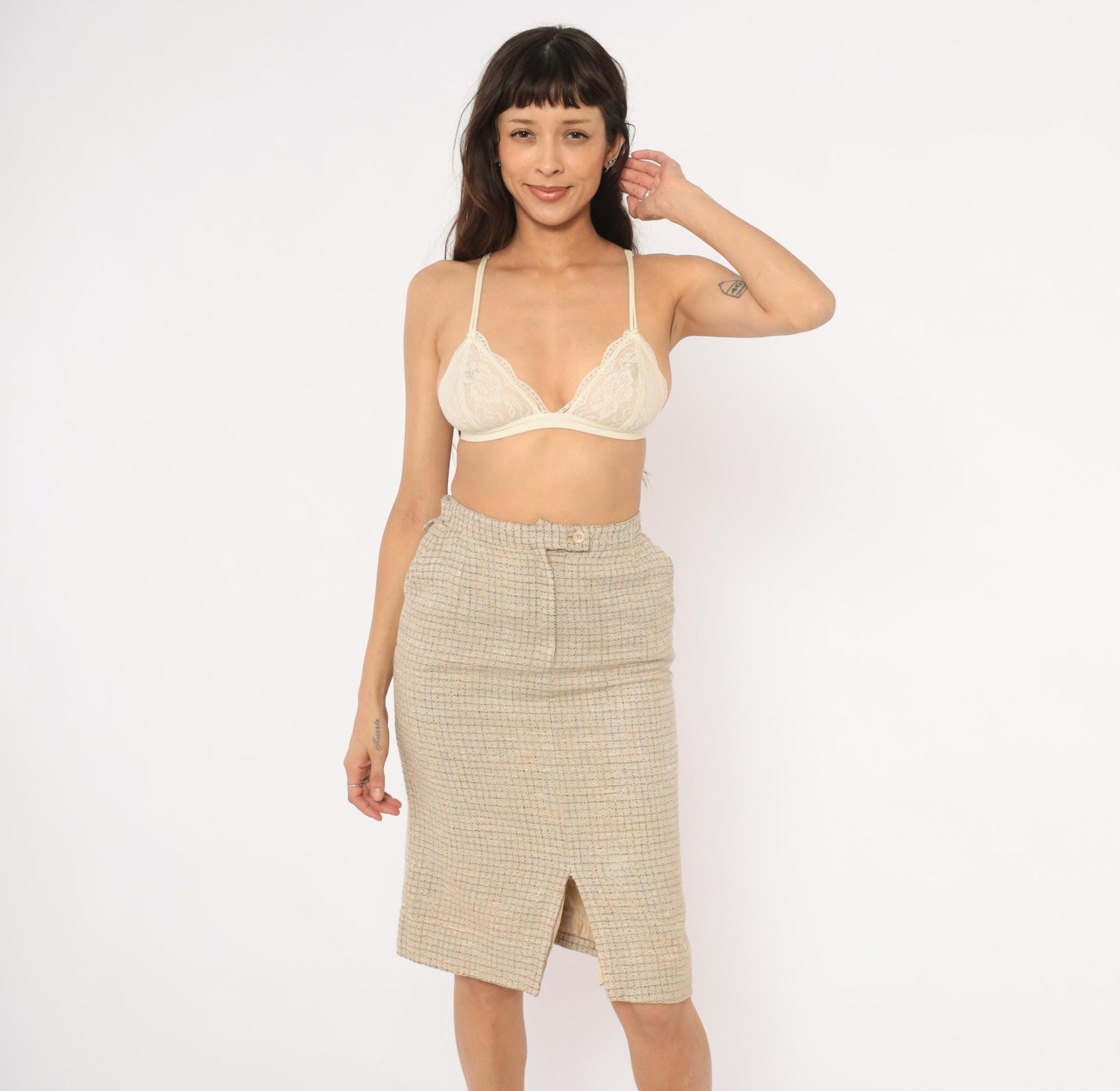 70s John Meyer Tweed Pencil Skirt Tan Houndstooth Check Knee Length Wool Small