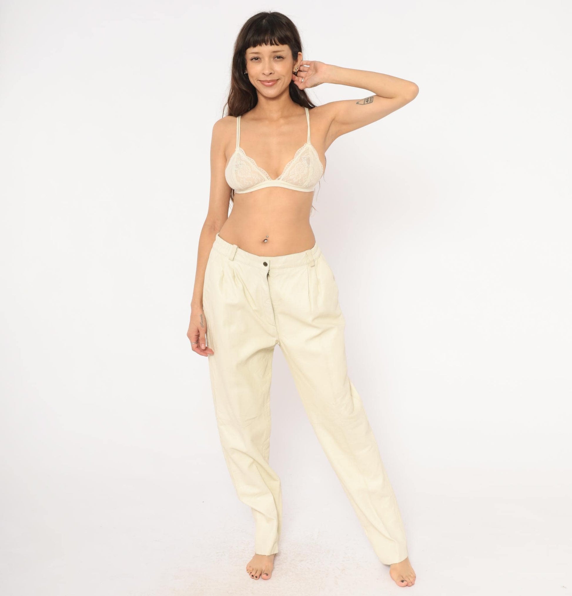 80s Masart Cream Leather Pants Pleated Front Straight Leg Mid-Rise Size 16