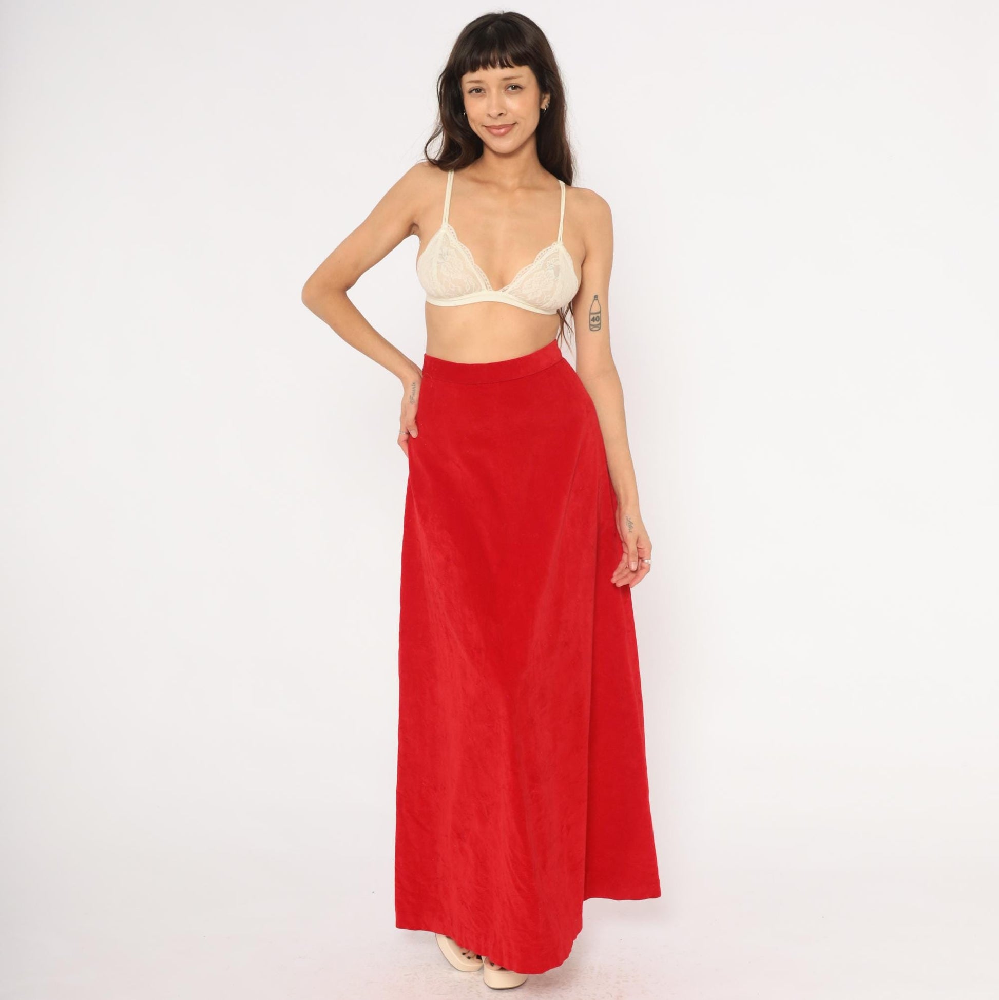 70s Red Velvet Maxi Skirt High Waist A-Line Floor Length Small